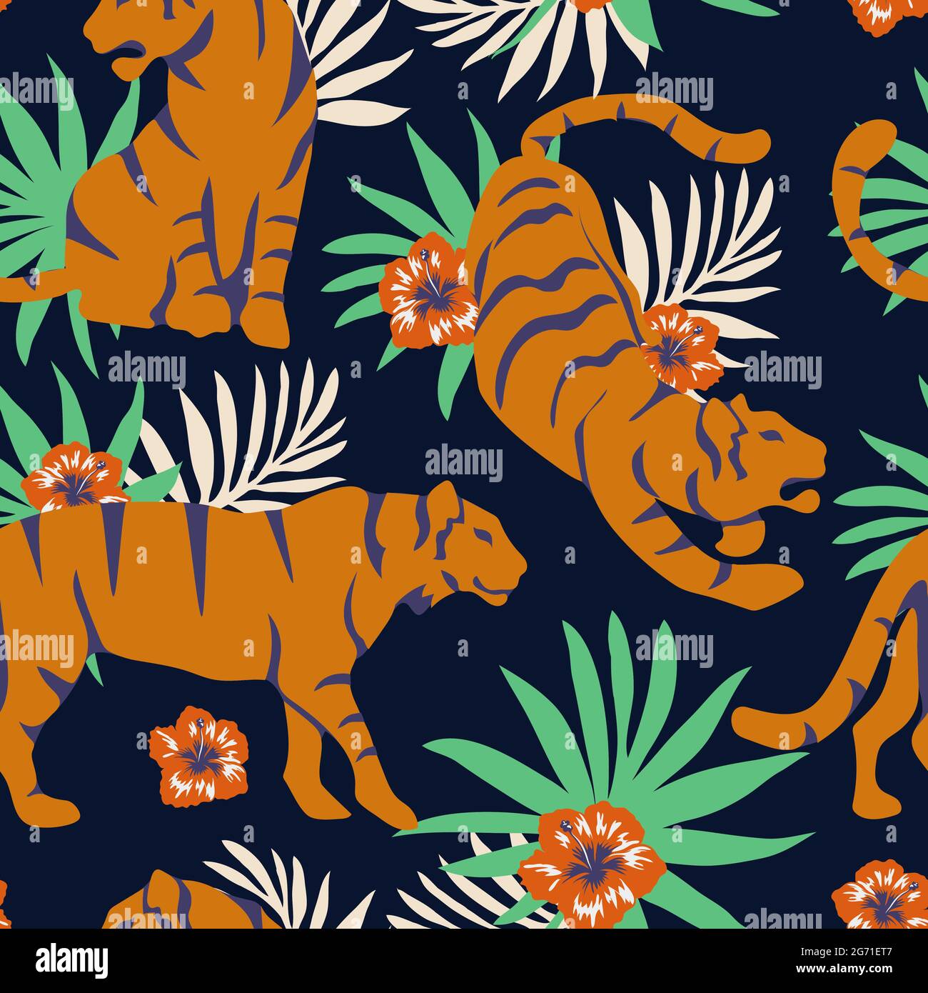 Patrón tropical sin costuras con tigres y un ramo de flores y hojas de  hibisco. Ideal para fondos de pantalla, fondos de páginas web, texturas de  superficie, tex Imagen Vector de stock -