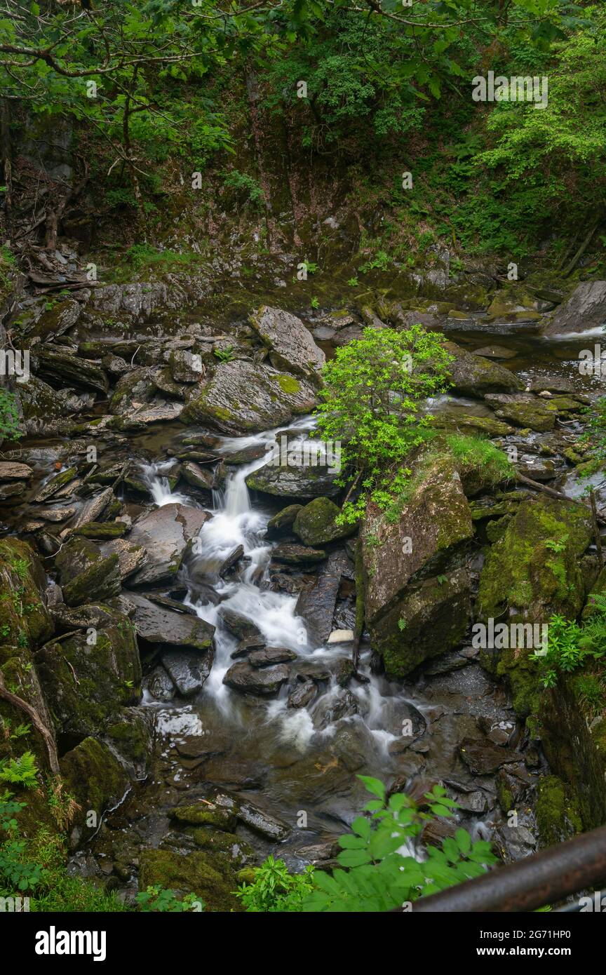 Una vista de un hermoso arroyo con una larga exposición para hacer que el agua vaya suave como la seda en el parque nacional Brecon Beacons. Foto de stock