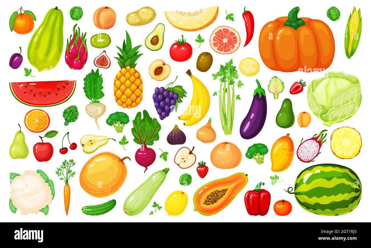 Frutas y verduras de dibujos animados. Brócoli, zanahoria, col, remolacha,  kiwi, albaricoque, mango. Vegetales orgánicos frescos, rodajas de fruta  vector conjunto. Alimentos orgánicos saludables para el mercado, productos  agrícolas Imagen Vector de