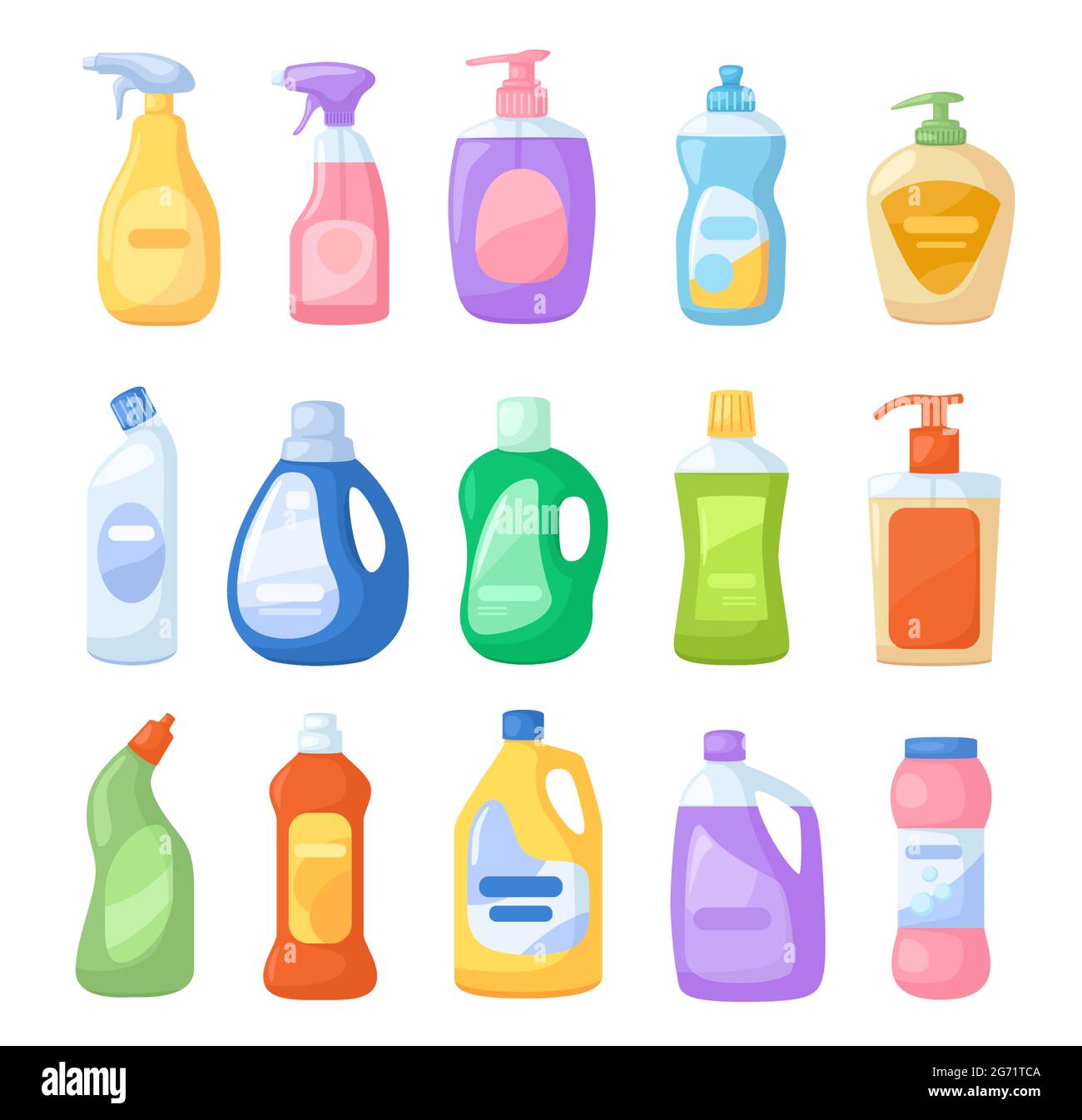Botella de detergente de dibujos animados. Limpiador, lejía,  desinfectantes, antiséptico, jabón líquido. Productos de detergentes en  spray para el conjunto de vectores de limpieza en el hogar. Productos  químicos en envases plásticos,