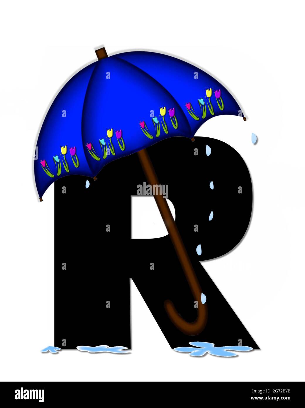 La Letra R En El Alfabeto Alfabeto De Lluvia De Abril Es Negra Y Esta Decorada Con Gotas De Lluvia Y Sombrilla Azul Que Esta Adornada Con Una T Colorida Fotografia De