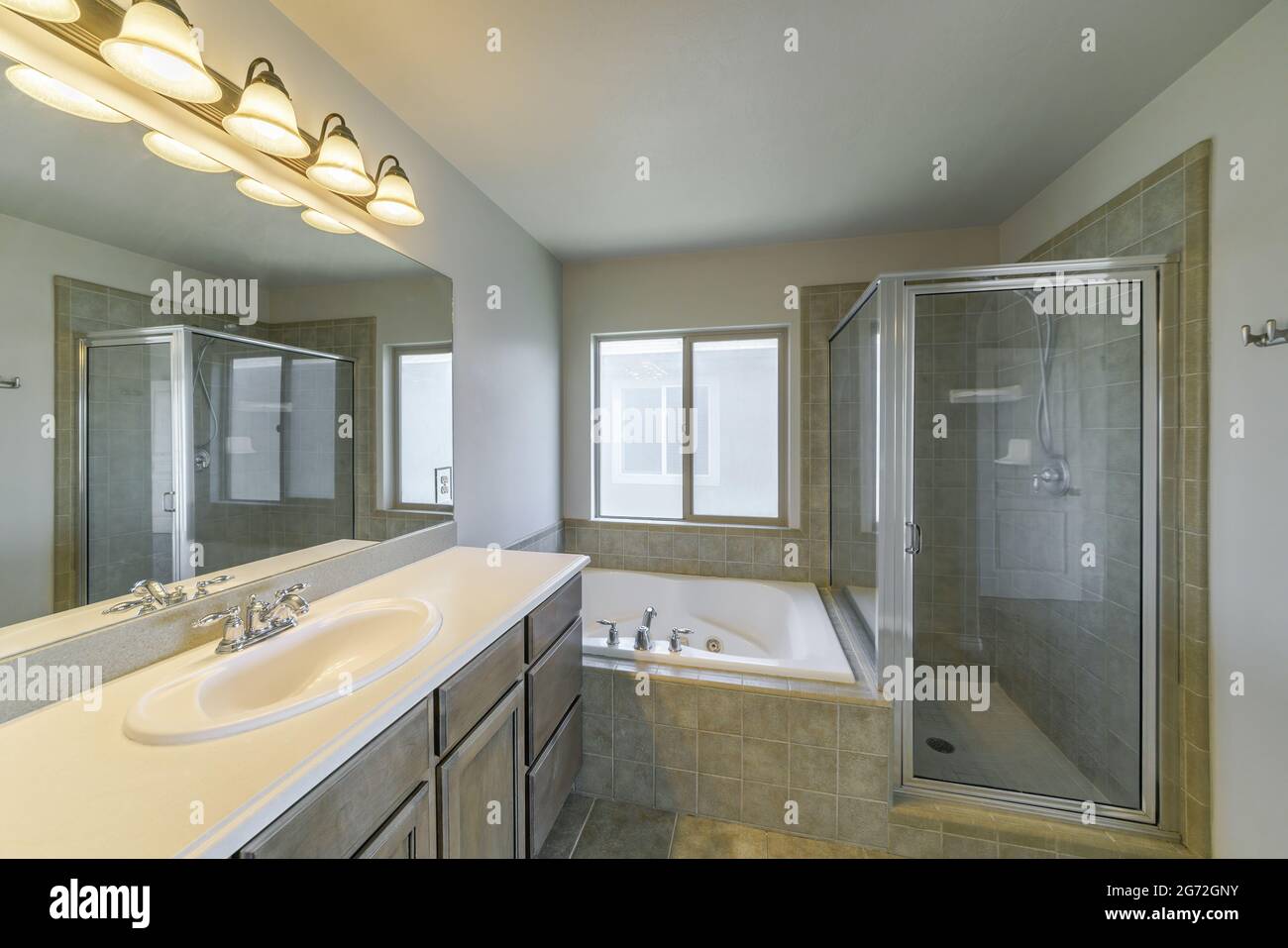 Jacuzzi, bañera de ducha y lavabo en el baño con paredes grises Fotografía  de stock - Alamy