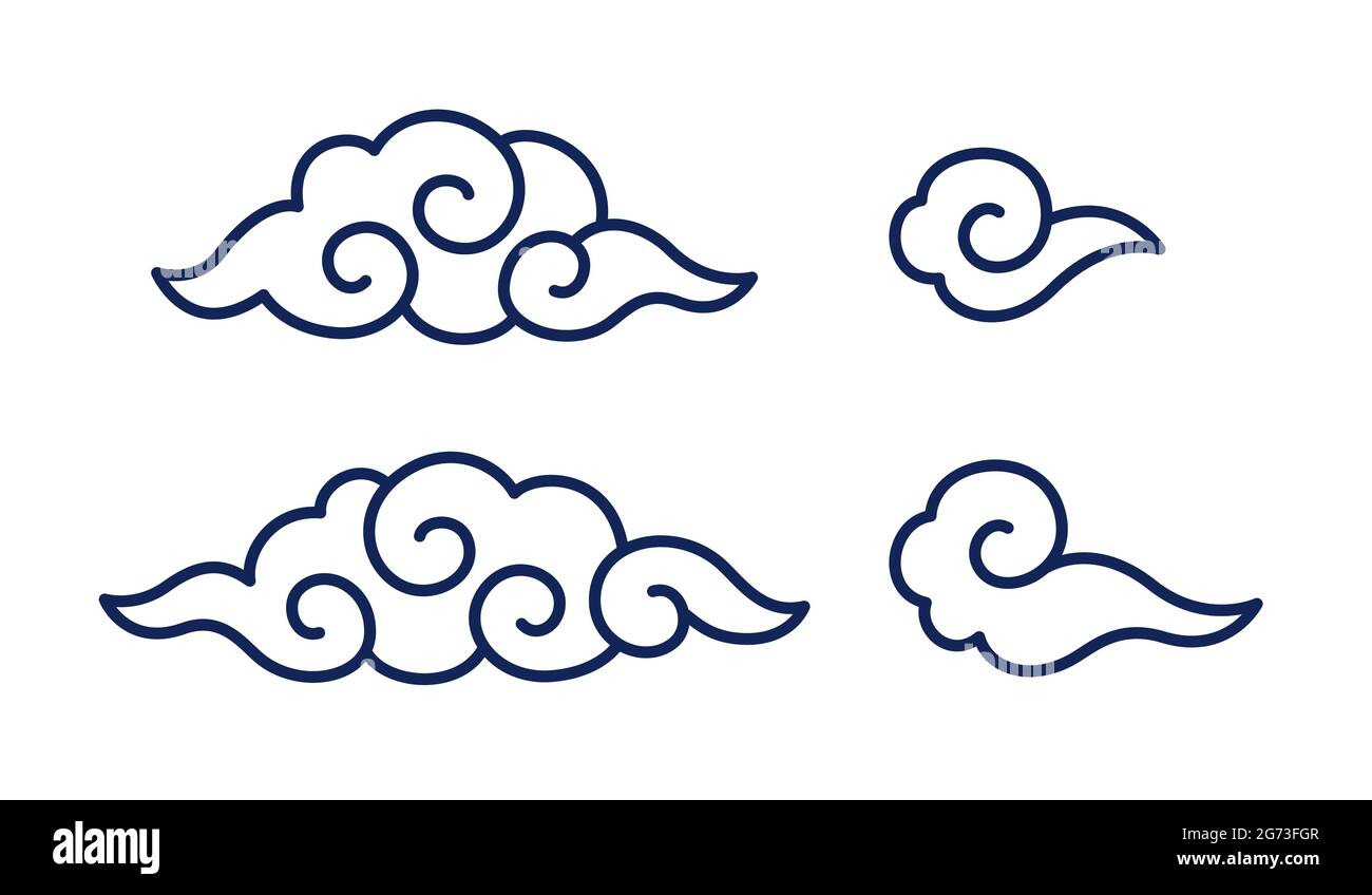 Nubes tradicionales chinas o japonesas con remolinos en espiral. Conjunto de elementos con diseño de motivo oriental. Ilustración de imagen de clip vectorial. Ilustración del Vector
