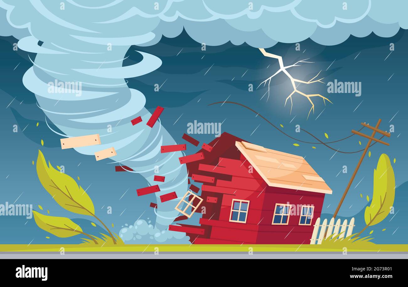 Composición de dibujos animados de desastres naturales con paisajes  suburbanos al aire libre nubes de lluvia y tornado vórtice destruyendo casa  viviente vector ilustración Imagen Vector de stock - Alamy