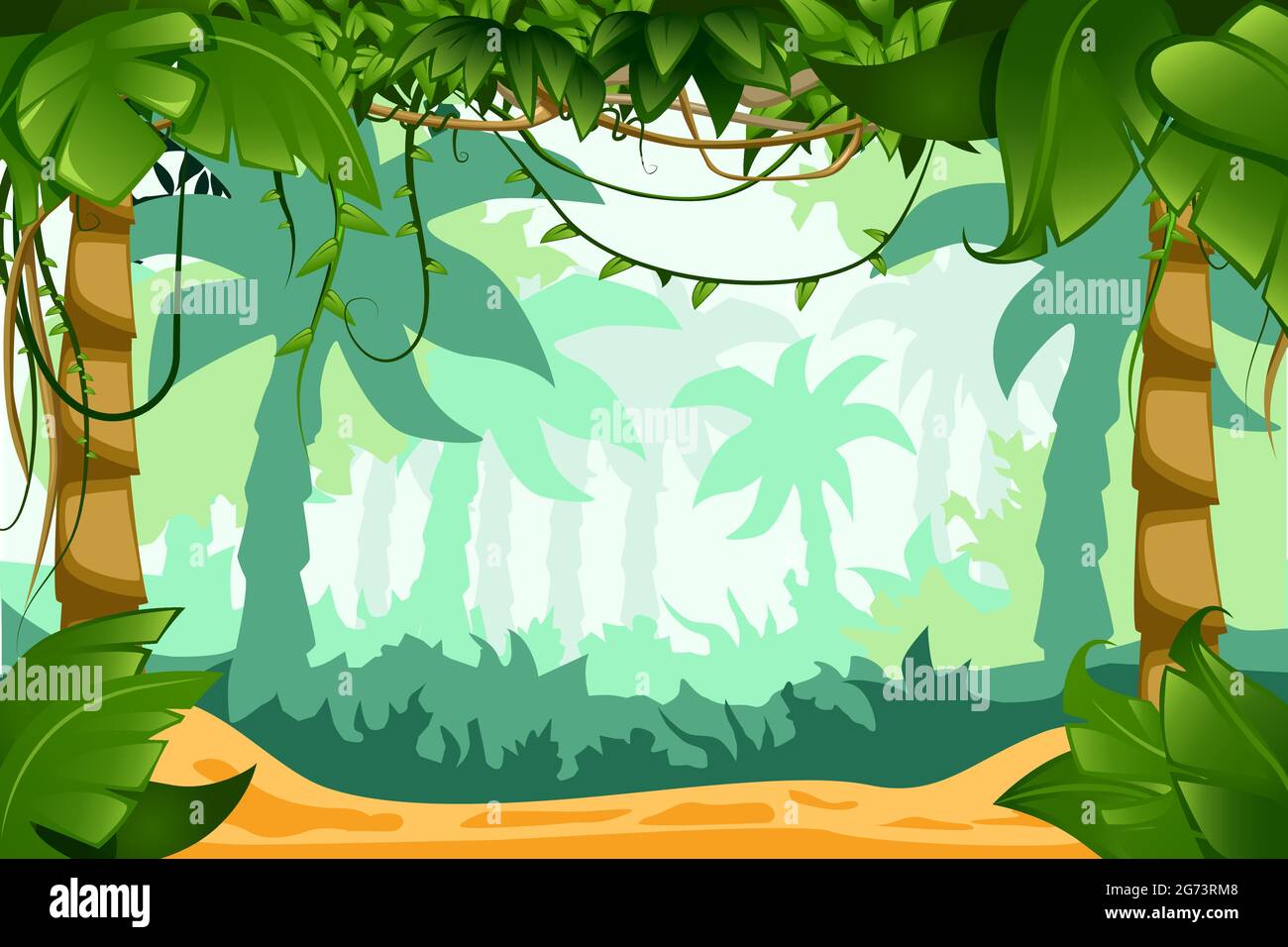 Composición del paisaje de dibujos animados de bosques tropicales con  lianas trepadoras follaje suculento y palmeras que se desvanecen  ilustración de vectores de fondo Imagen Vector de stock - Alamy