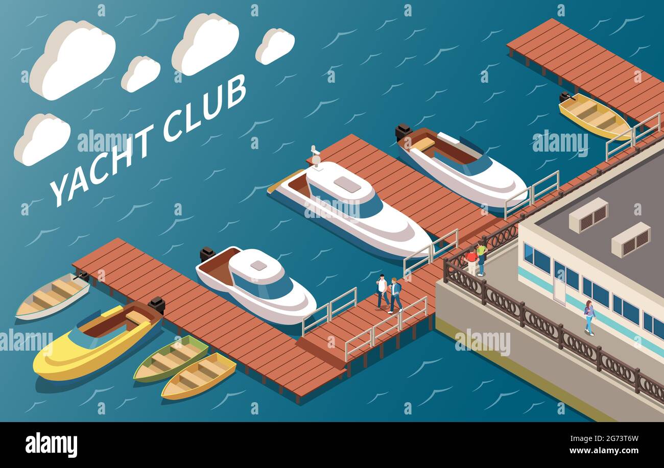 Club de yates de lujo, vela y barcos a motor, instalaciones de amarre edificio esquina vista al océano composición isométrica vector ilustración Ilustración del Vector