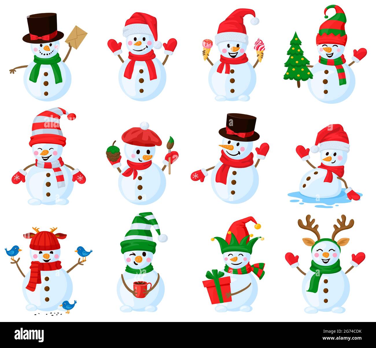 Lindos muñecos de nieve de Navidad. Dibujos animados invierno vacaciones al  aire libre muñeco de nieve personajes, vector ilustración conjunto. Navidad  gracioso muñecos de nieve Imagen Vector de stock - Alamy