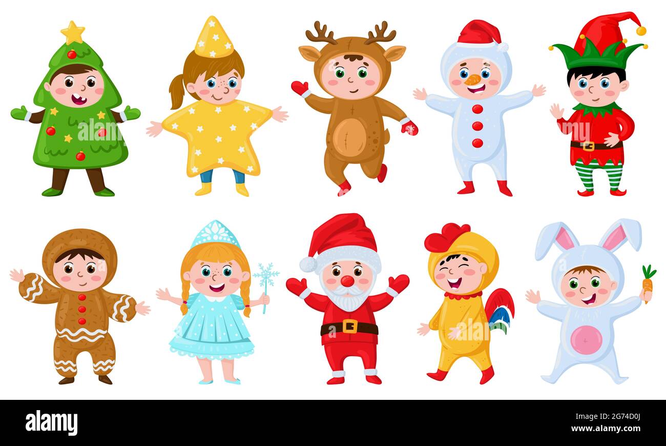 Niños con trajes de Navidad. Niños de dibujos animados con divertidos  trajes de carnaval, Little santa, renos y elfo vector ilustración conjunto.  Traje de Navidad Imagen Vector de stock - Alamy