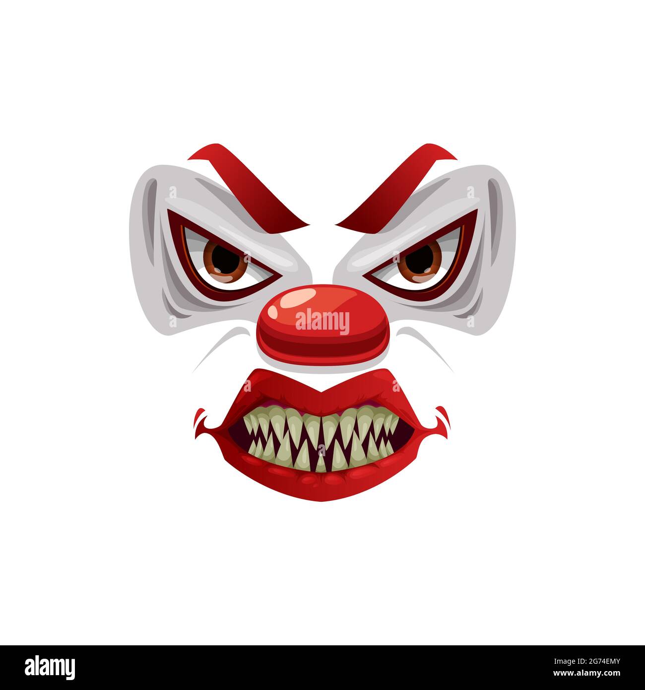 Icono de vector de payaso de miedo, máscara de sonrisa de funster con  maquillaje espeluznante, nariz roja, ojos enojados y boca abierta con  dientes afilados. Emoticono de personaje de Halloween Imagen Vector