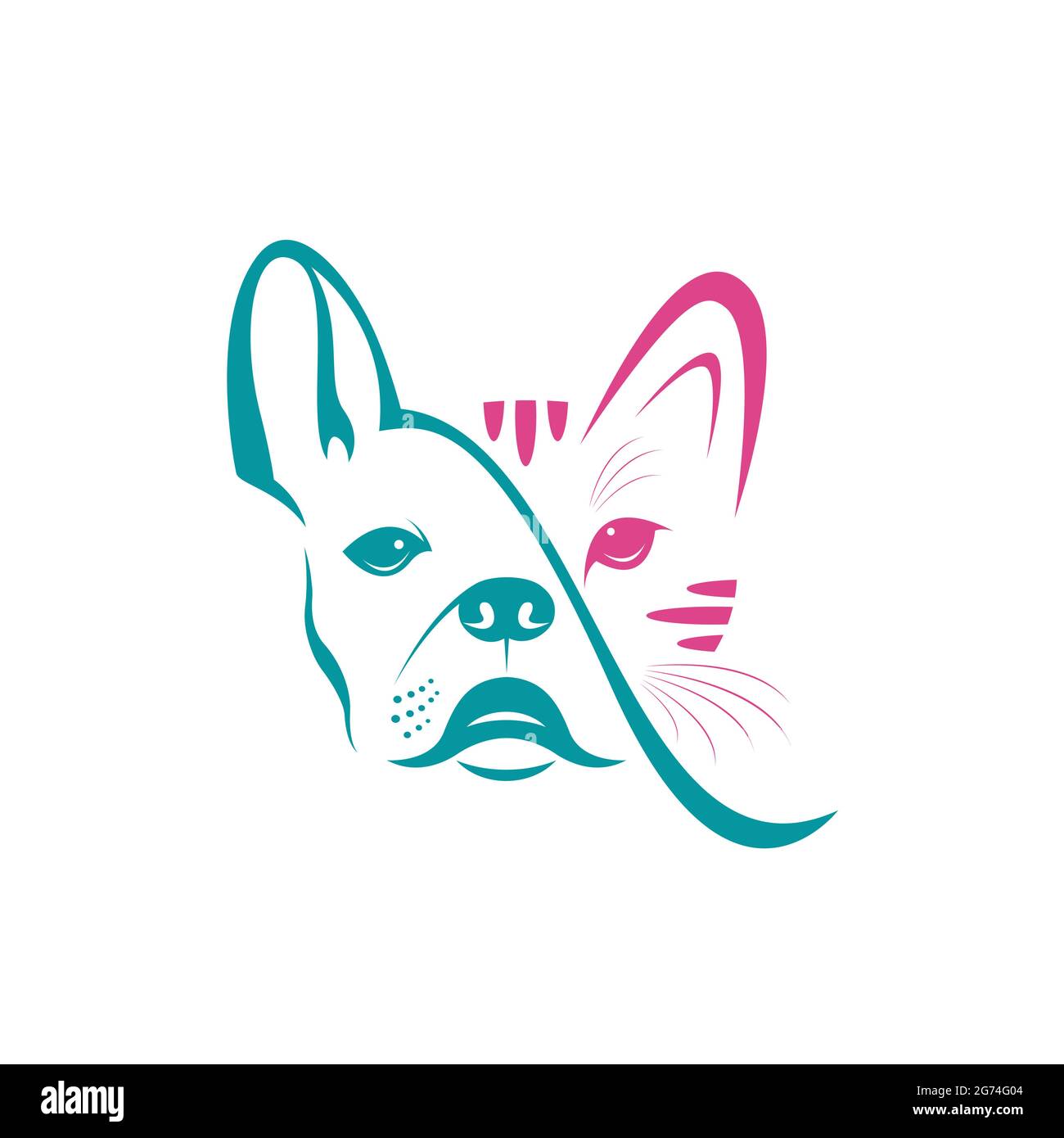 Diseño de vector de cara de perro y cara de gato sobre fondo blanco.  Mascota. Animal. Logotipo o icono de perro y gato. Ilustración de vector en  capas fácil de editar. Bulldo