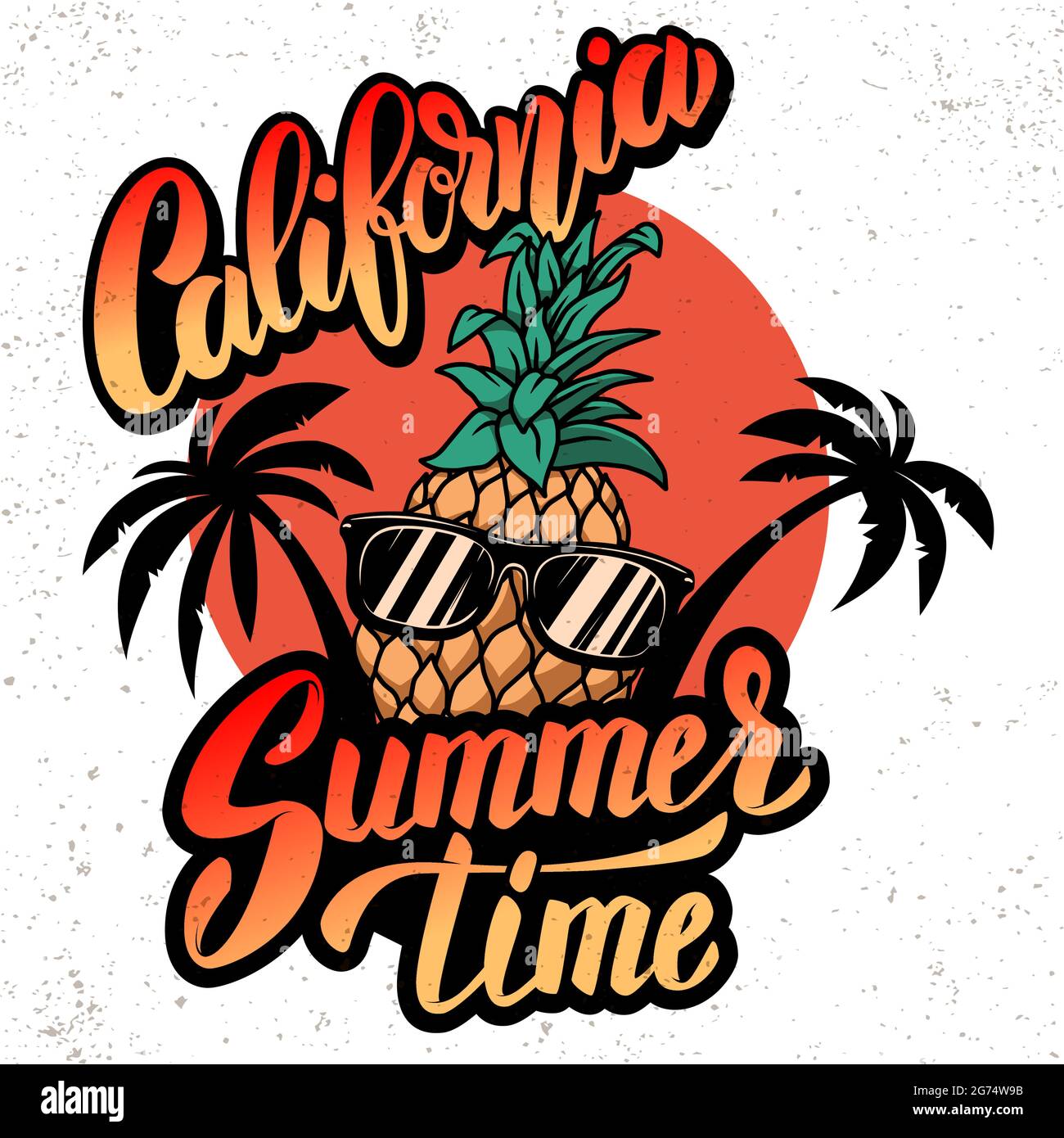 Hora de verano en California. Emblema de plantilla con piña, olas y palmas.  Elemento de diseño para póster, tarjeta, banner, signo, emblema.  Ilustración vectorial Imagen Vector de stock - Alamy