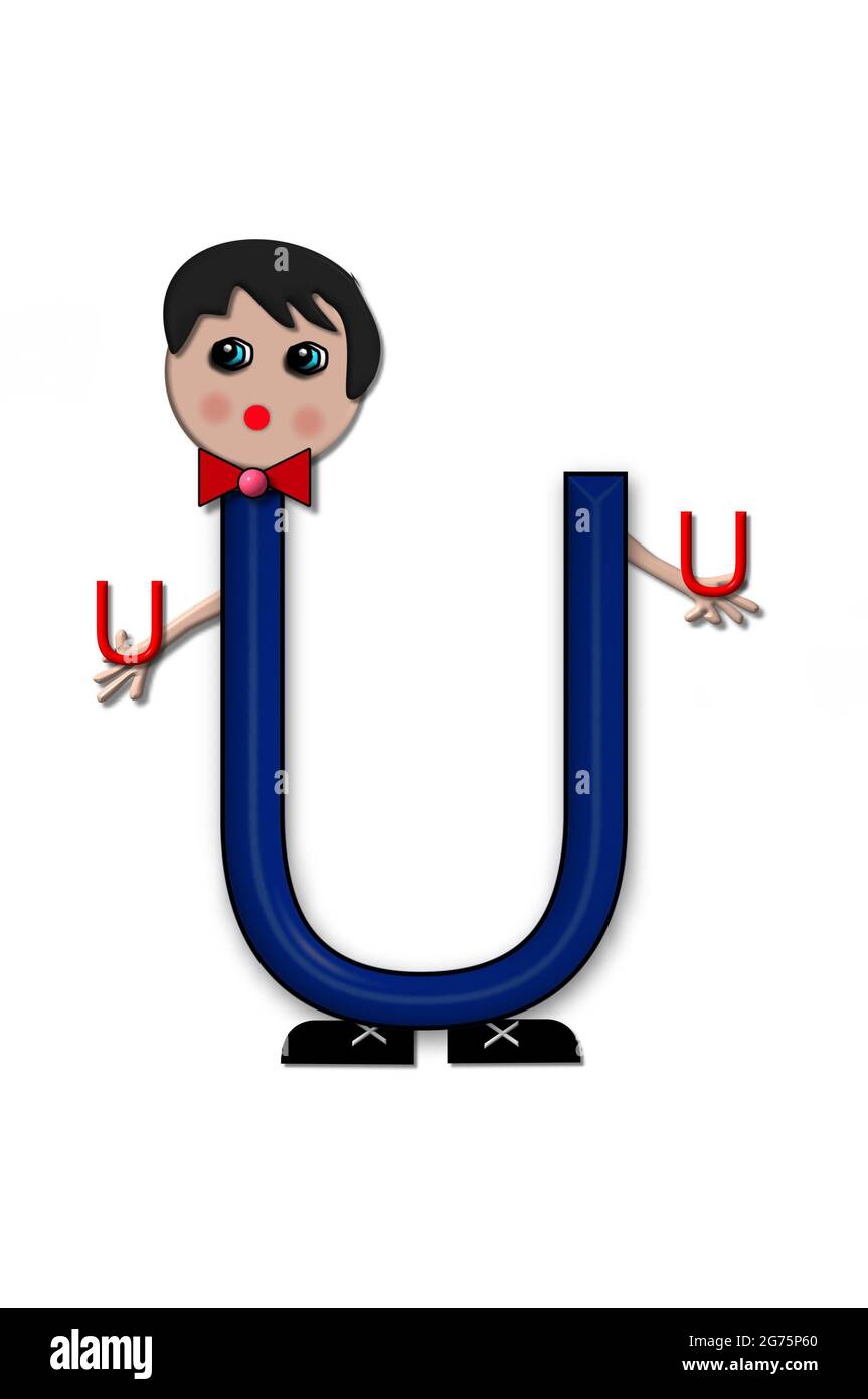 La letra U, en el conjunto de letras vivas del alfabeto, tiene cabeza, brazos y piernas. La figura de dibujos animados del niño también está sosteniendo una carta duplicada en rojo Fotografía La letra U, en el conjunto de letras vivas del alfabeto, tiene cabeza, brazos y piernas. La figura de dibujos animados del niño también está sosteniendo una carta duplicada en rojo Fotografía