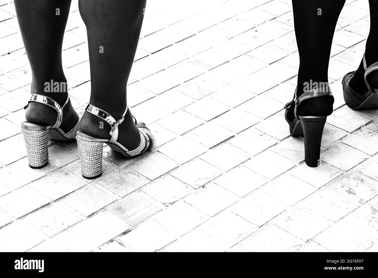 Mujeres voluminosas con tacones de fiesta. Imagen monocroma. Foto de stock