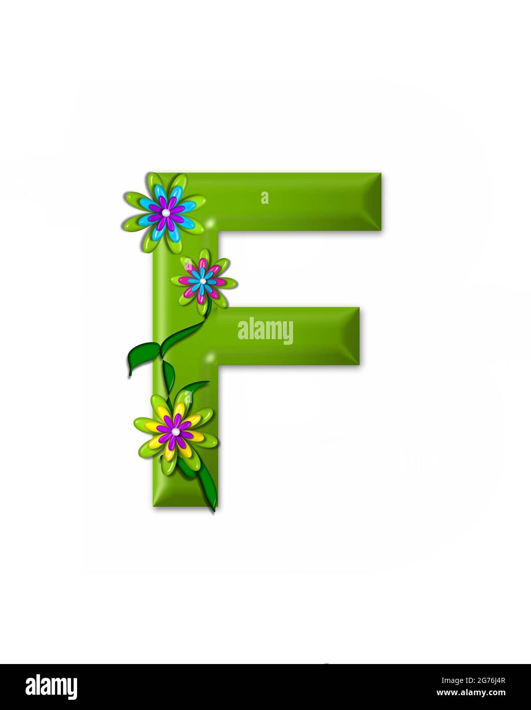 La letra F, en el alfabeto 'Wonderland' es 3D y de color verde. Carta está  decorada con 3D flores y vides Fotografía de stock - Alamy