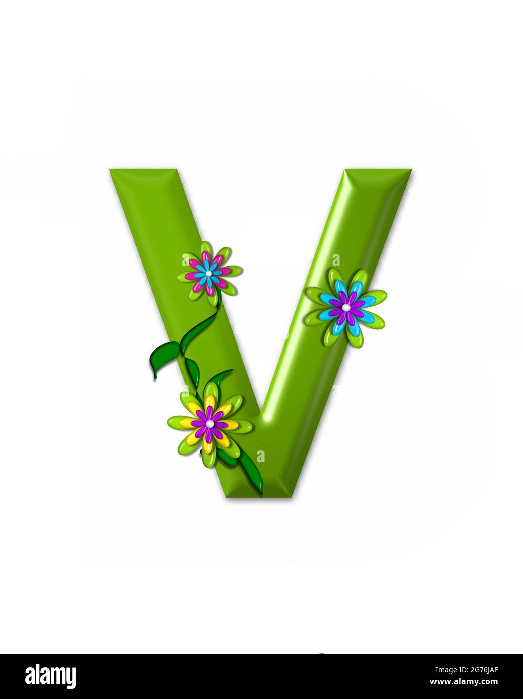 La letra V, en el alfabeto 'Wonderland' es 3D y de color verde. Carta está decorada con 3D
