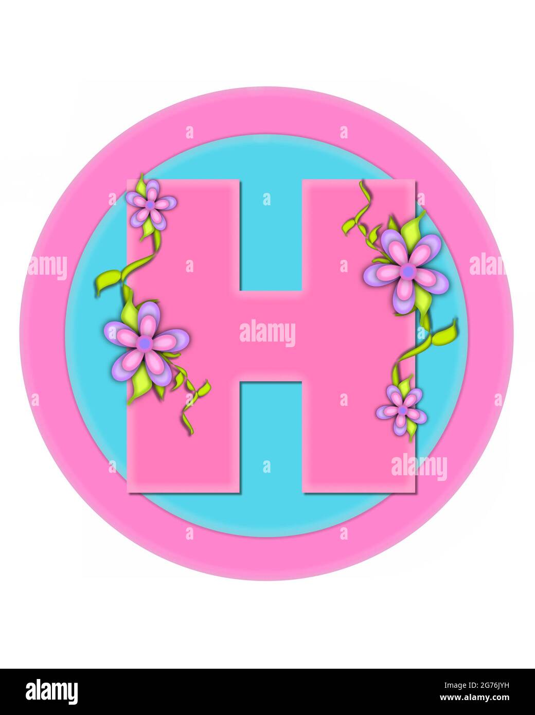 La letra H, en el alfabeto 'Bouquet in Pastels', es de color rosa suave. La  letra está decorada con flores y se sienta en círculos en agua y rosa  Fotografía de stock -