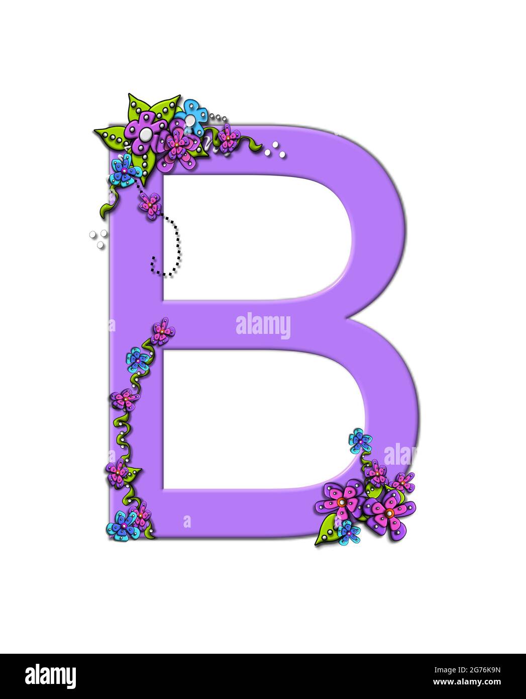 La letra suave, lila B, en el conjunto del alfabeto 'Ráfaga de la Lila de  Primavera' está decorada con ramos de 3D flores, con puntos en blanco y  negro y vides Fotografía