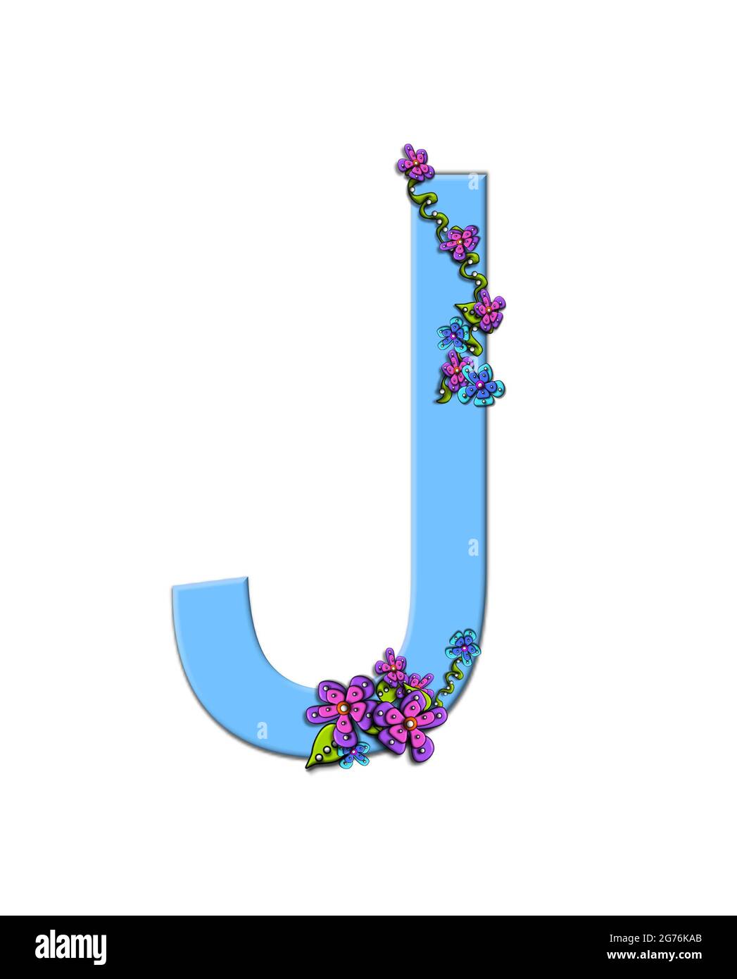 La letra J suave y azul, en el conjunto alfabético 'Ráfaga de la primavera  azul' está decorada con ramos de 3D flores, con puntos en blanco y negro y  vides o Fotografía