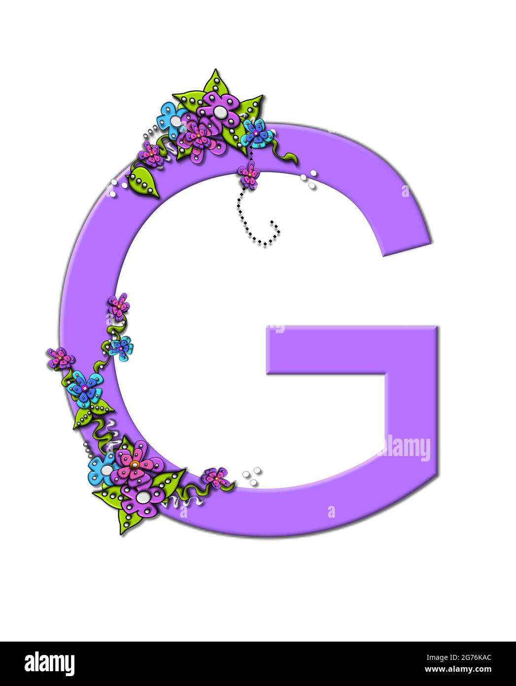 La letra G suave y lila, en el conjunto alfabético 'Ráfaga de la Lila de  Primavera' está decorada con ramos de 3D flores, con puntos en blanco y  negro y vides Fotografía