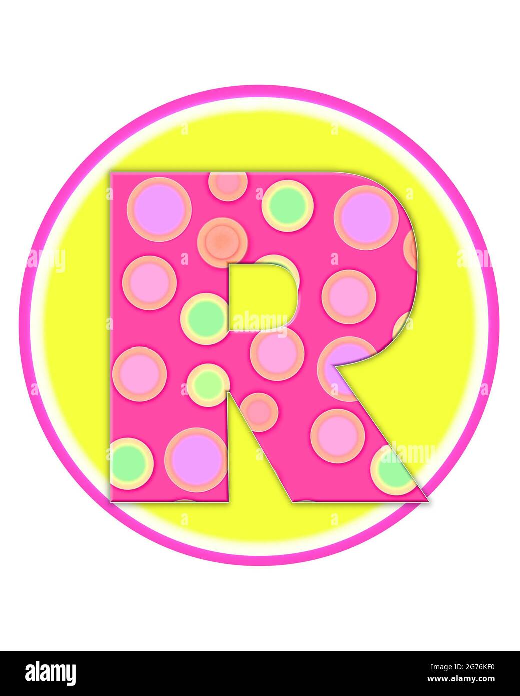 La Letra R En El Alfabeto Circle Party Esta Decorada Con Lunares En Rosa Verde Y Naranja La Letra Se Sienta En Un Circulo De Dos Colores De Amarillo Fotografia De Stock