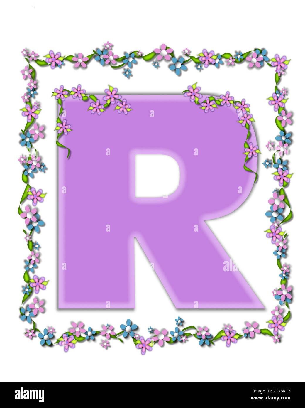 La letra R, en el conjunto del alfabeto 'Daisy Fair Lilac' es un suave tono pastel  de lila. Garland de hiedra y flores cubre el contorno de la letra y la letra