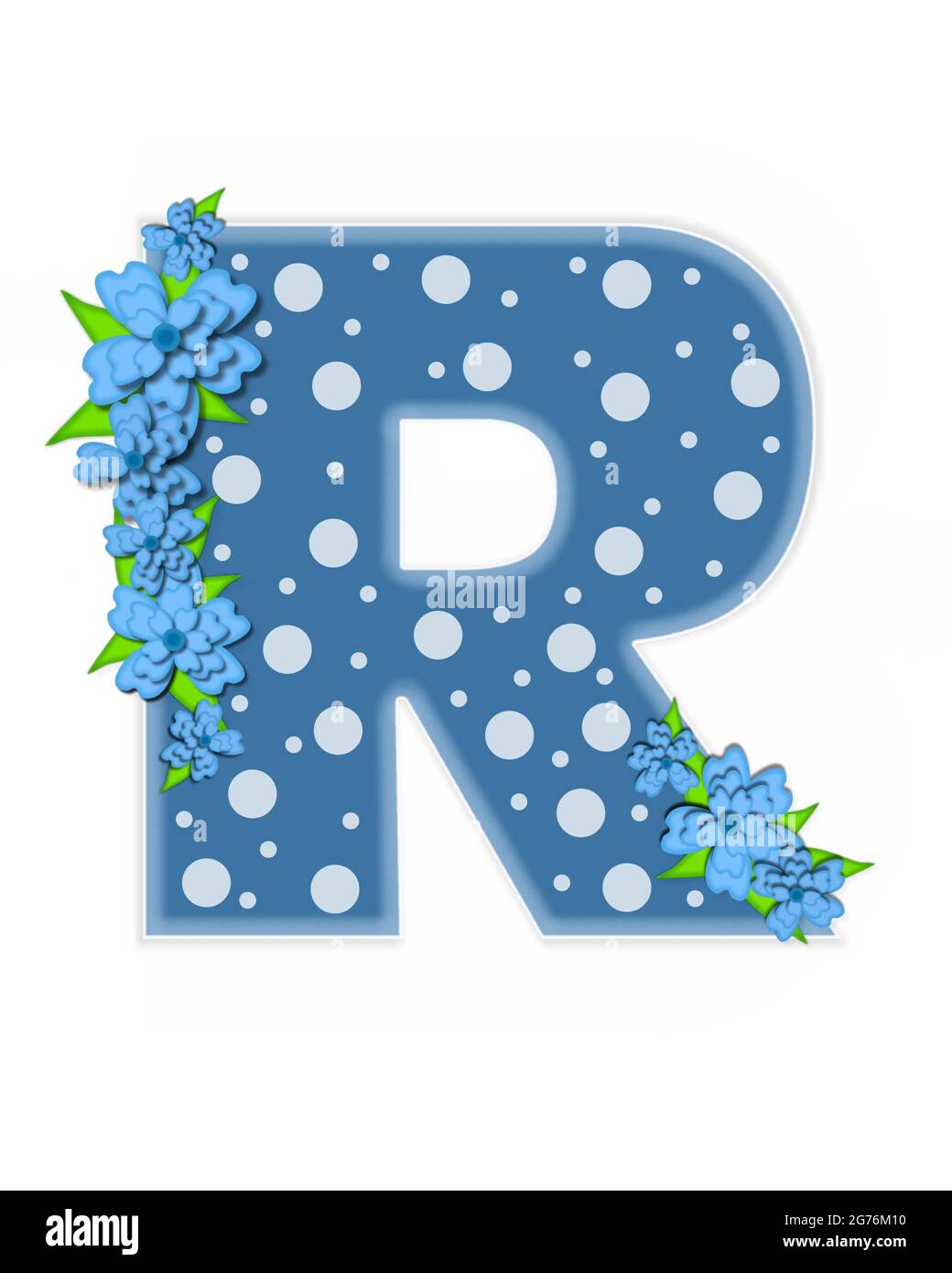 La letra R, en el conjunto alfabético 'Dusty Blue Dots', es Azul. La letra  está decorada con flores azules y está cubierta de lunares grandes y  pequeños Fotografía de stock - Alamy