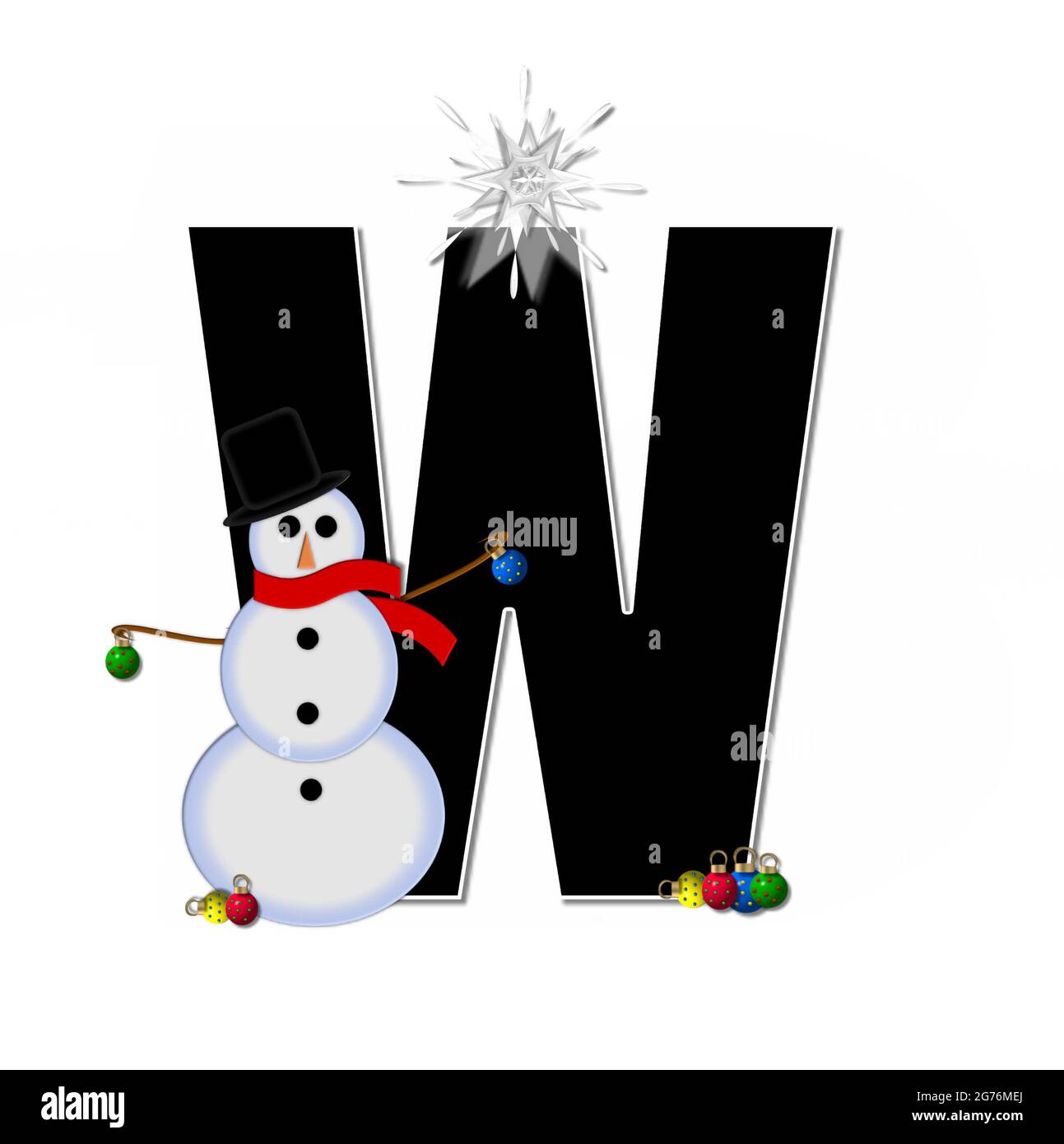 La letra D, en el conjunto del alfabeto 'Frosty', es negra y decorada con  un muñeco de nieve y adornos de Navidad. El muñeco de nieve lleva una  bufanda roja y una