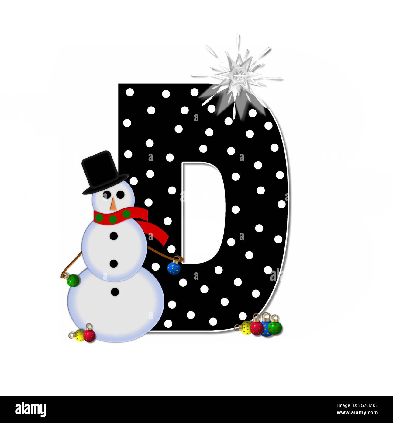 La letra D, en el conjunto del alfabeto 'Frosty', es negra y decorada con  un muñeco de nieve y adornos de Navidad. El muñeco de nieve lleva una  bufanda roja y una