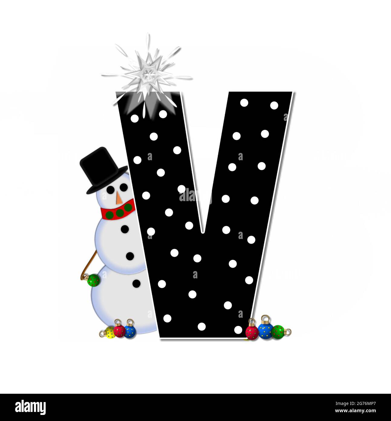 La letra J, en el alfabeto 'Frosty', es negra y decorada con un muñeco de  nieve y adornos de Navidad. El muñeco de nieve lleva una bufanda roja y una  alphabe Fotografía