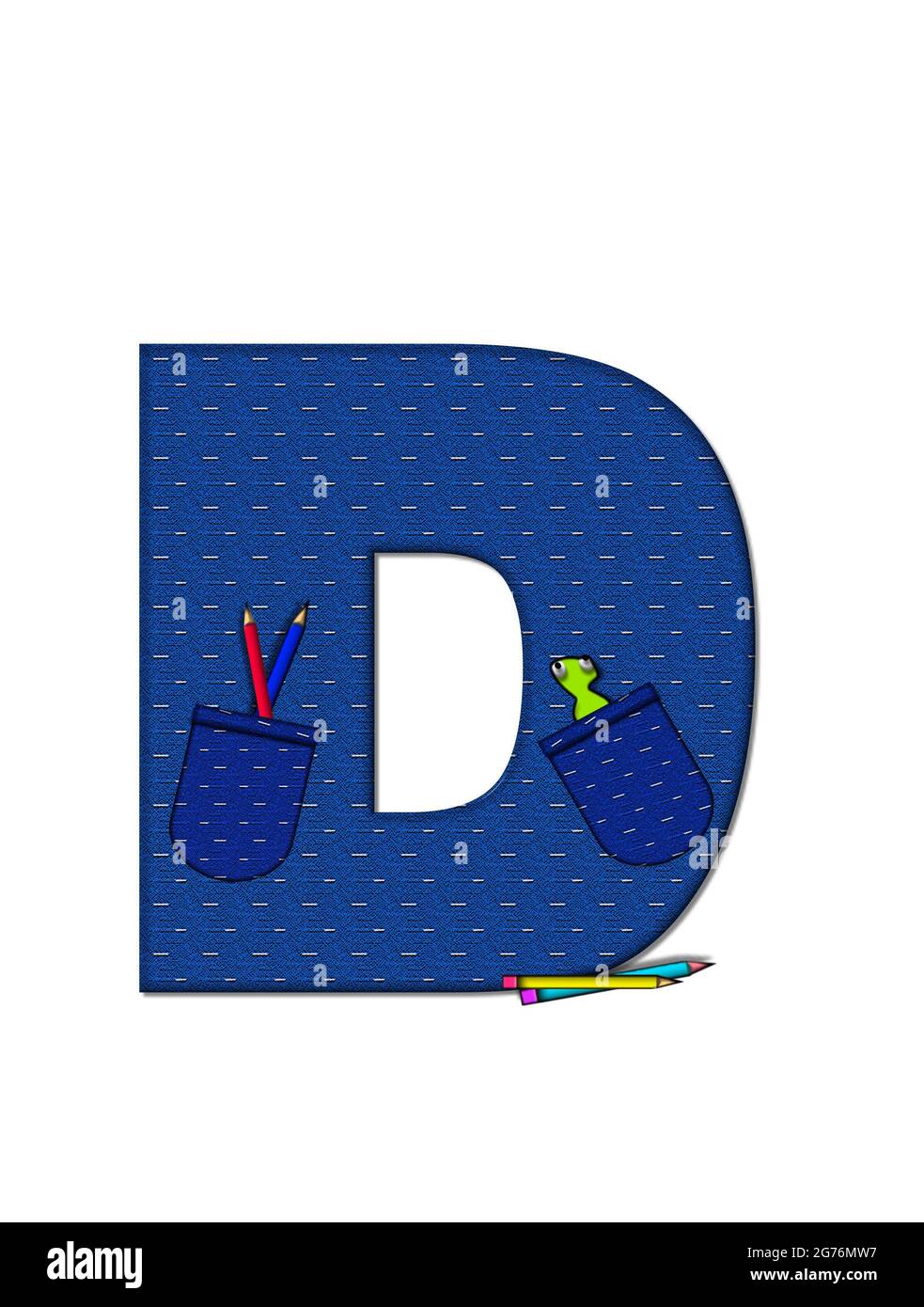 La letra D, en el alfabeto, fija 'Días Escolares', vestida con tela vaquera  con bolsillo inclinado lleno de lápices o crayones. Una manzana con un  gusano Fotografía de stock - Alamy
