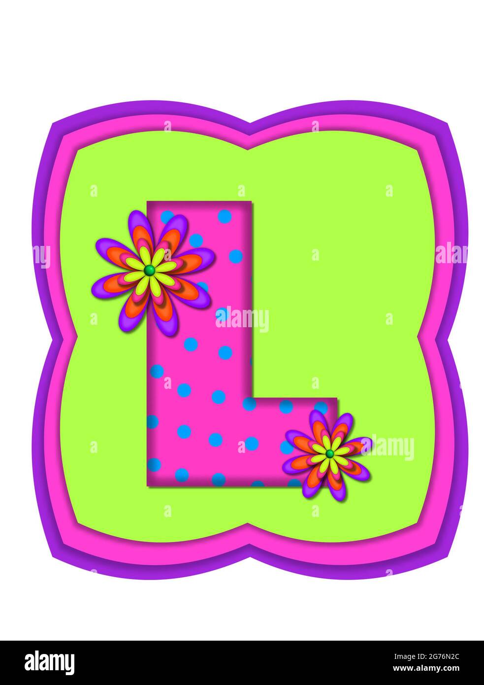 La letra L, en el conjunto del alfabeto 'Daze Daze Daisy', está coloreada  en rosa vivo con lunares teales. Está decorado con margaritas de cuatro  capas. Todos se sientan Fotografía de stock -