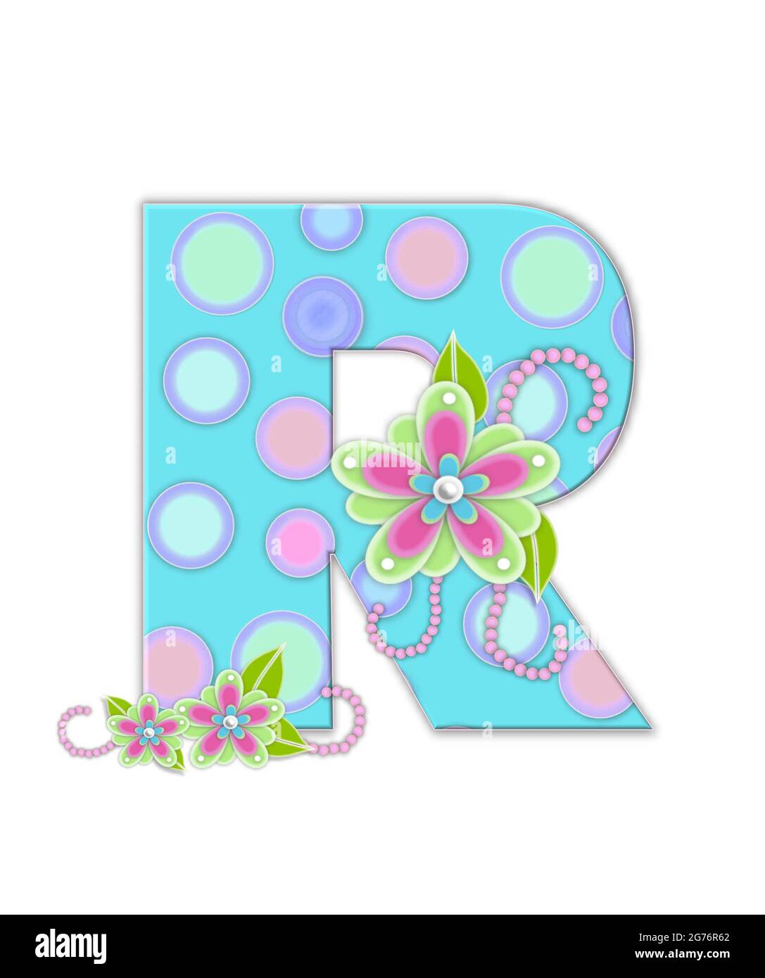 La letra R, en el alfabeto 'Suave manchada', es suave aqua. La carta está  decorada con círculos pastel, flores y abalorios Fotografía de stock - Alamy