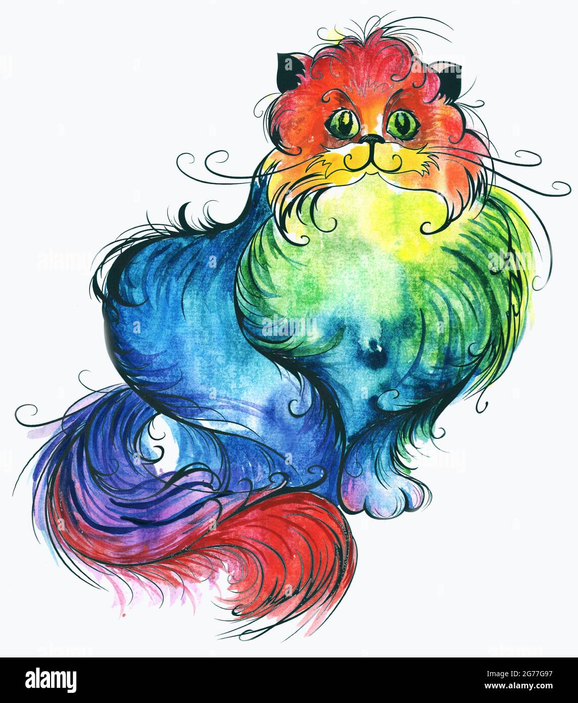 Gato esponjoso, pintado con pintura multicolor, arco iris, acuarela brillante. Foto de stock