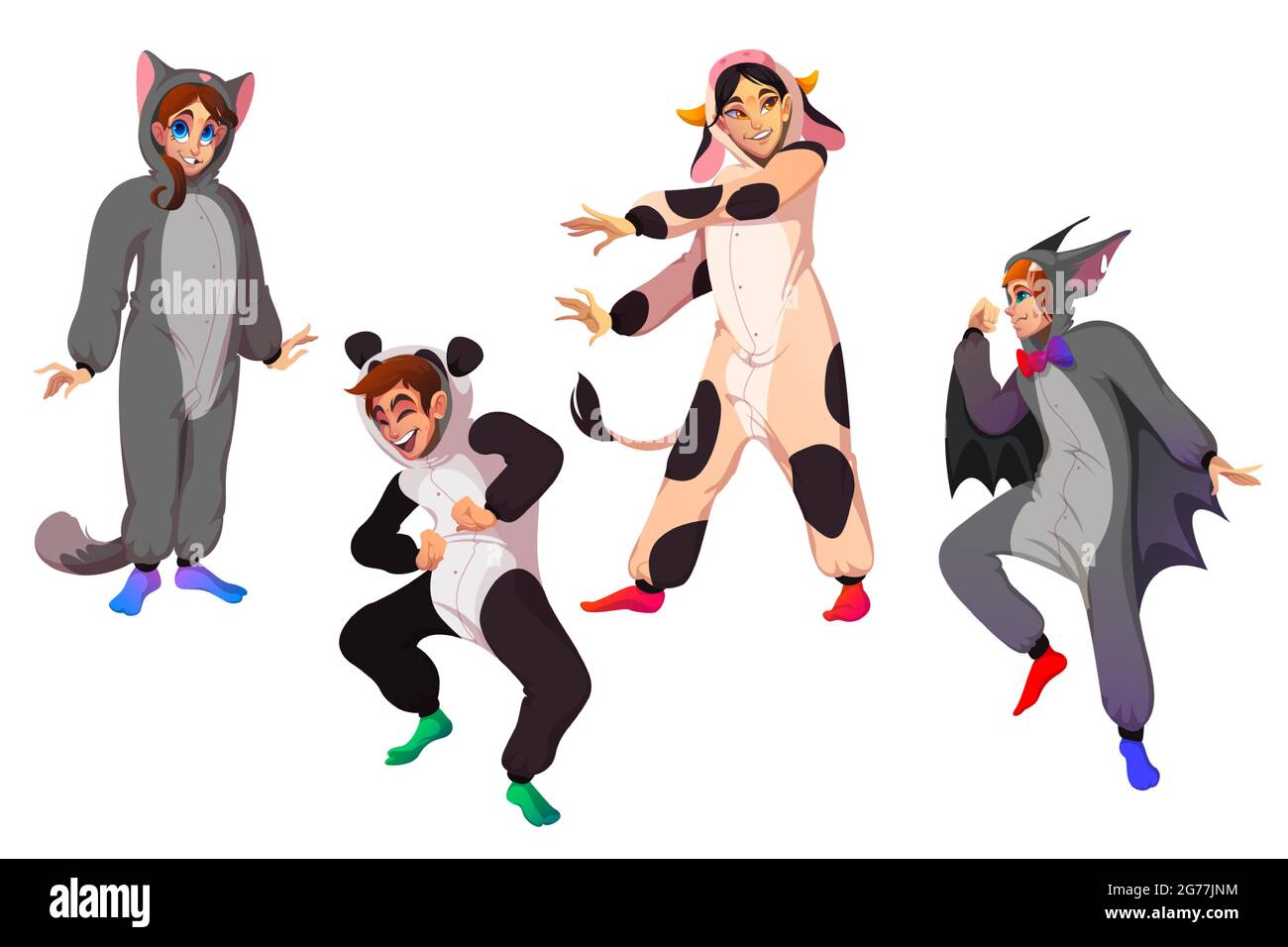 Personajes en kigurumi, personas con trajes de animales en la fiesta de  pijamas. Juego de dibujos animados vectoriales de hombres y mujeres felices  en pijamas divertidos de vaca, gato, murciélago y panda