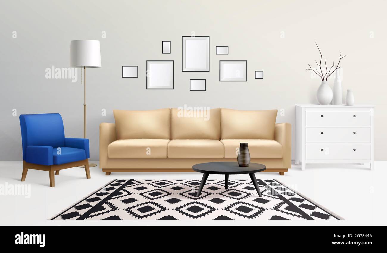 Composición realista interior con escenario de sala de estar y muebles de  diseño con sofá y silla ilustración vectorial Imagen Vector de stock - Alamy
