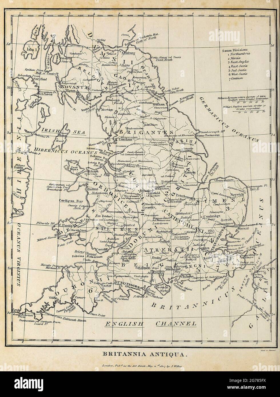 Britannia Antiqua Ancient, Mapa histórico de Gran Bretaña Grabado de copperplate de la