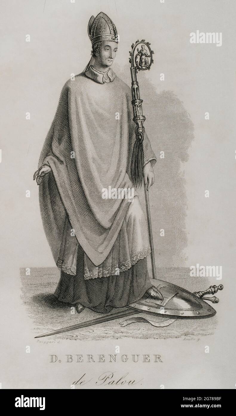Berenguer de Palou (siglo 12th-Barcelona, 1241). Obispo de Barcelona (1212-1241). Consagrado obispo en 1212, estuvo al lado del rey Pedro II, católico de Aragón, en la campaña contra el Almohad que terminó con la victoria en la Batalla de Las Navas de Tolosa. Participó activamente en la fundación de la Orden de la Misericordia (Orden de la Santísima Virgen María de la Misericordia) en 1218, junto con el rey Santiago I Conquistador, Pedro Nolasco y Ramón de Peñafort. Ilustración de Puiggarí. Grabado por Amills. Historia del Rey de Aragón Don Jaime I, el Conquistador (Historia del Rey de Arago Foto de stock