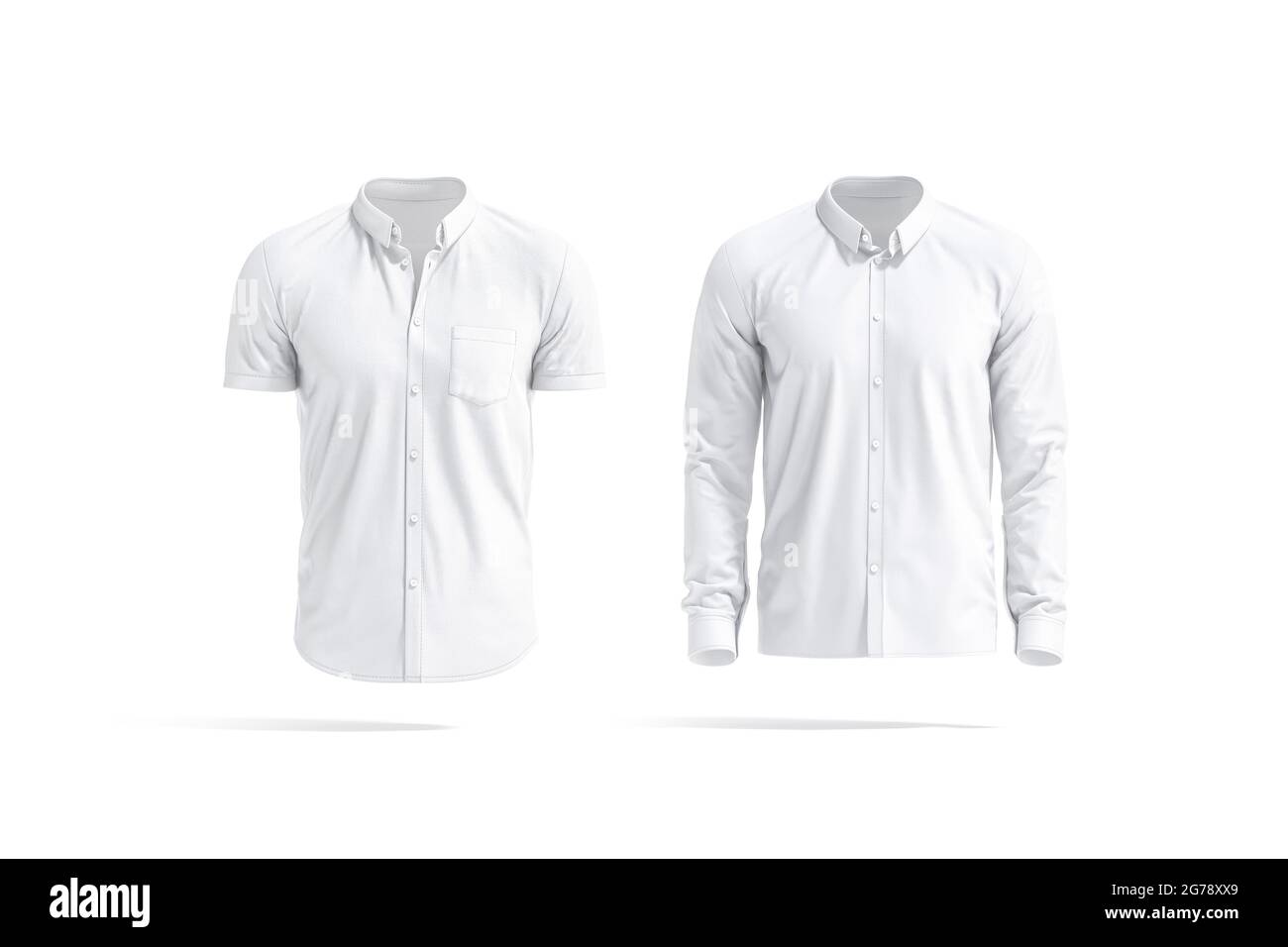 Camiseta blanca blanca de manga corta y larga para hombre mockup, aislada,  3D render. Blusa masculina clásica vacía efecto doble, vista frontal.  Camiseta de algodón fino transparente we Fotografía de stock -