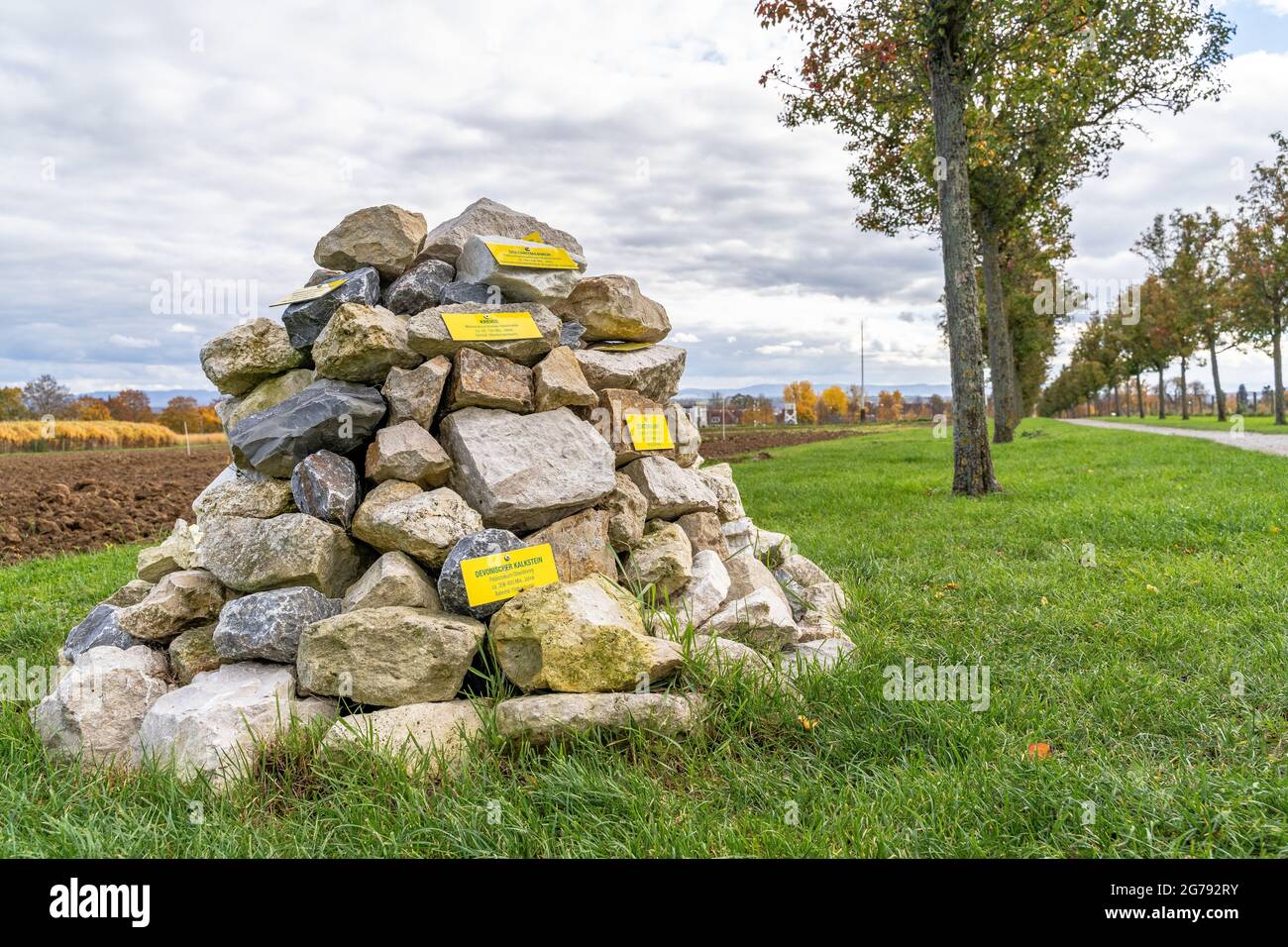 Europa, Alemania, Baden-Württemberg, Stuttgart, exposición de piedra con señales en la avenida a través de los campos de Hohenheim Foto de stock