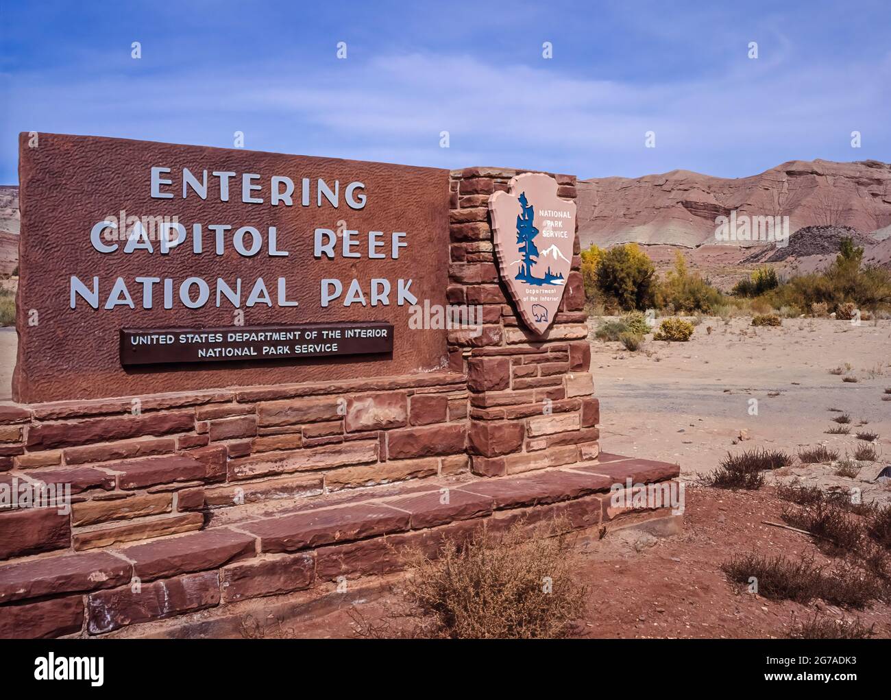 Señal de entrada, Parque Nacional Capitol Reef, Utah, Estados Unidos, Foto de stock