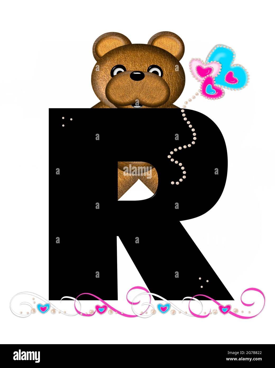 La letra R, en el conjunto del alfabeto 'Teddy Valentine's Cutie', es  negra. El oso de peluche marrón sostiene globos en forma de corazón en rosa  y azul. Cuerda de pera Fotografía