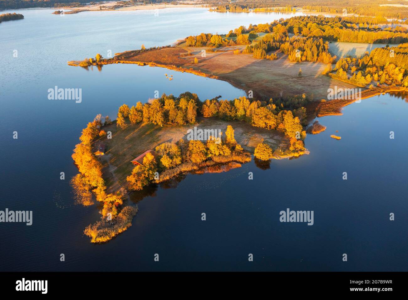 Peninsula Lindenbichl, Staffelsee, luz matutina en otoño, drone shot, estribaciones alpinas, Alta Baviera, Baviera, Alemania Foto de stock