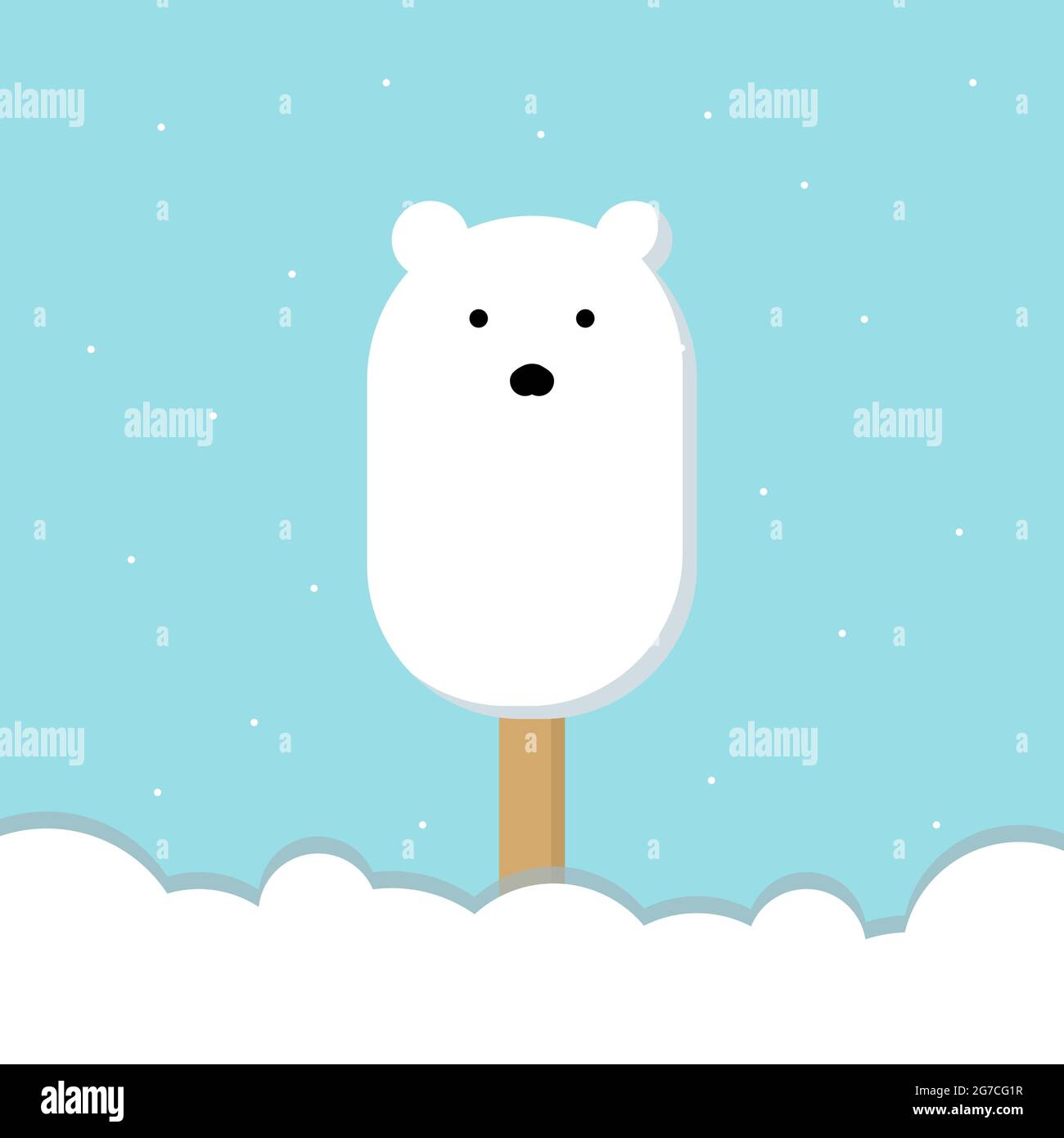 Banner helado Oso polar en un palo de madera, nieve, copos de nieve. Estilo plano. La forma de un oso polar, sobre un fondo azul. Envoltura, plantilla, fondo, fondo, anuncio. Ilustración vectorial Ilustración del Vector