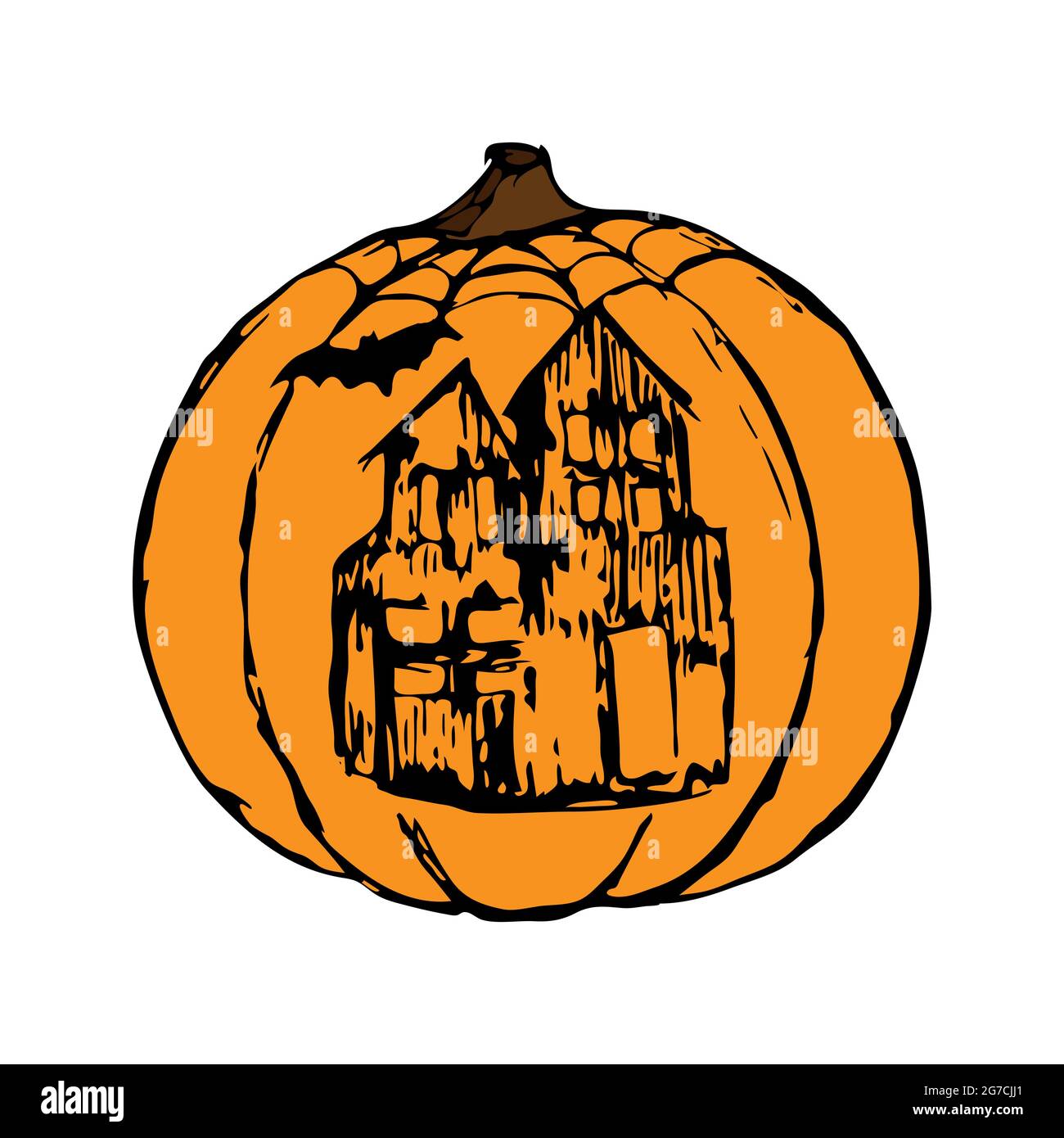 Calabaza naranja de Halloween, silueta de una vieja casa de miedo, ruinas, murciélago, dibujo de mano. Ilustración vectorial Imagen Vector de stock - Alamy Calabaza naranja de Halloween, silueta de una vieja casa de miedo, ruinas, murciélago, dibujo de mano. Ilustración vectorial Imagen Vector de stock - Alamy