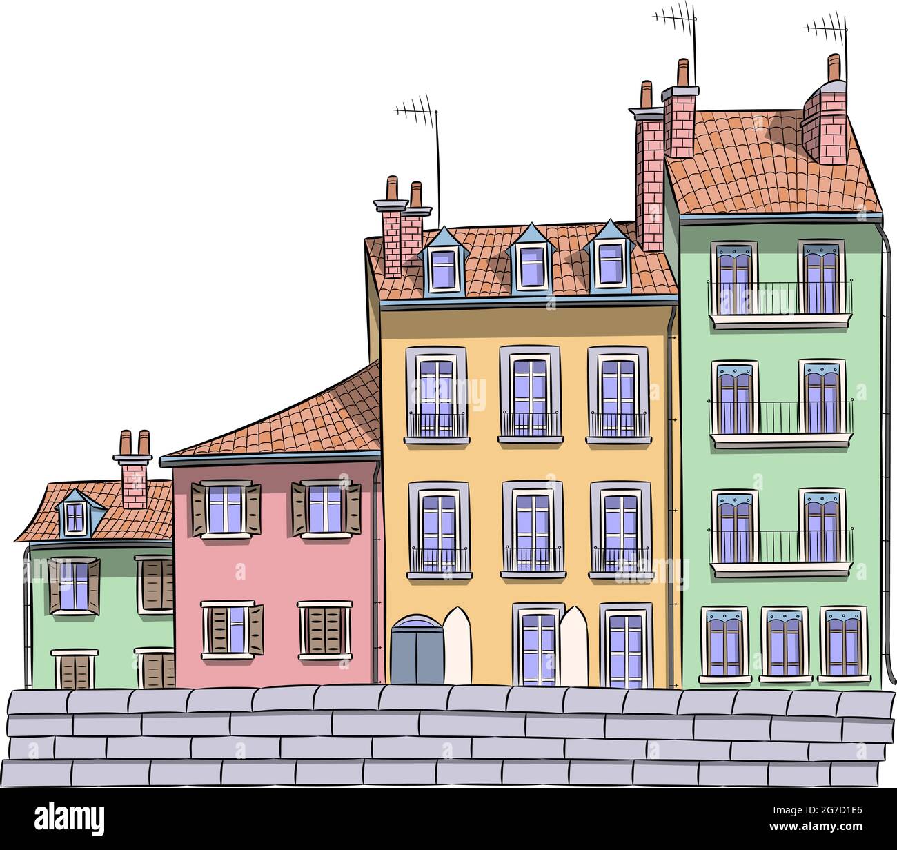 Ilustración vectorial de fachadas de múltiples colores de antiguas casas tradicionales francesas en la ciudad de Grenoble. Francia. Ilustración del Vector