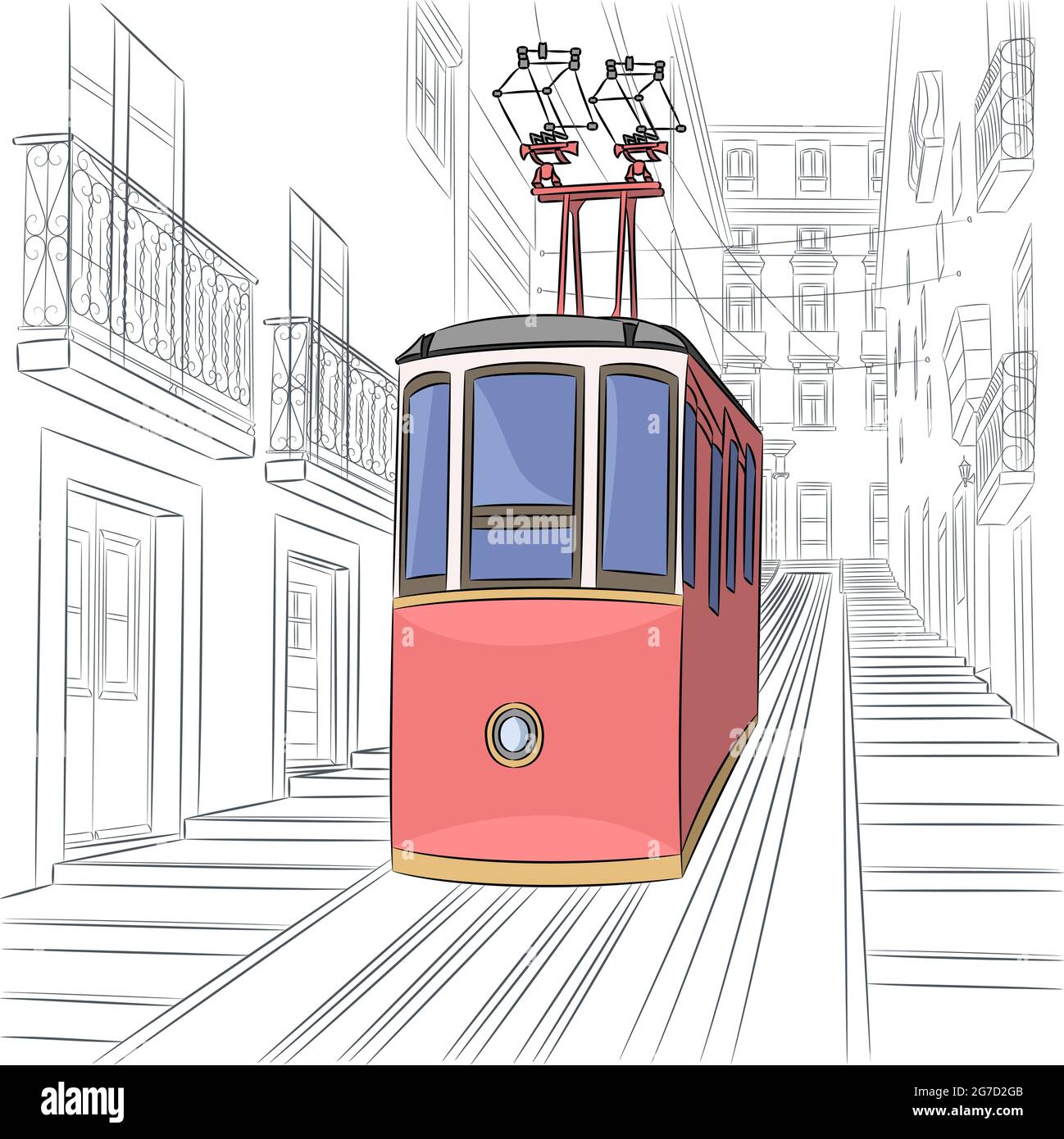 Lisboa. Antiguo funicular con el telón de fondo de la ciudad. Ilustración del Vector