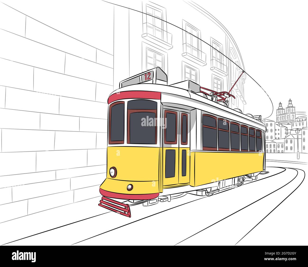 Antiguo tranvía turístico amarillo en el distrito de Alfama. Lisboa. Portugal. Ilustración del Vector