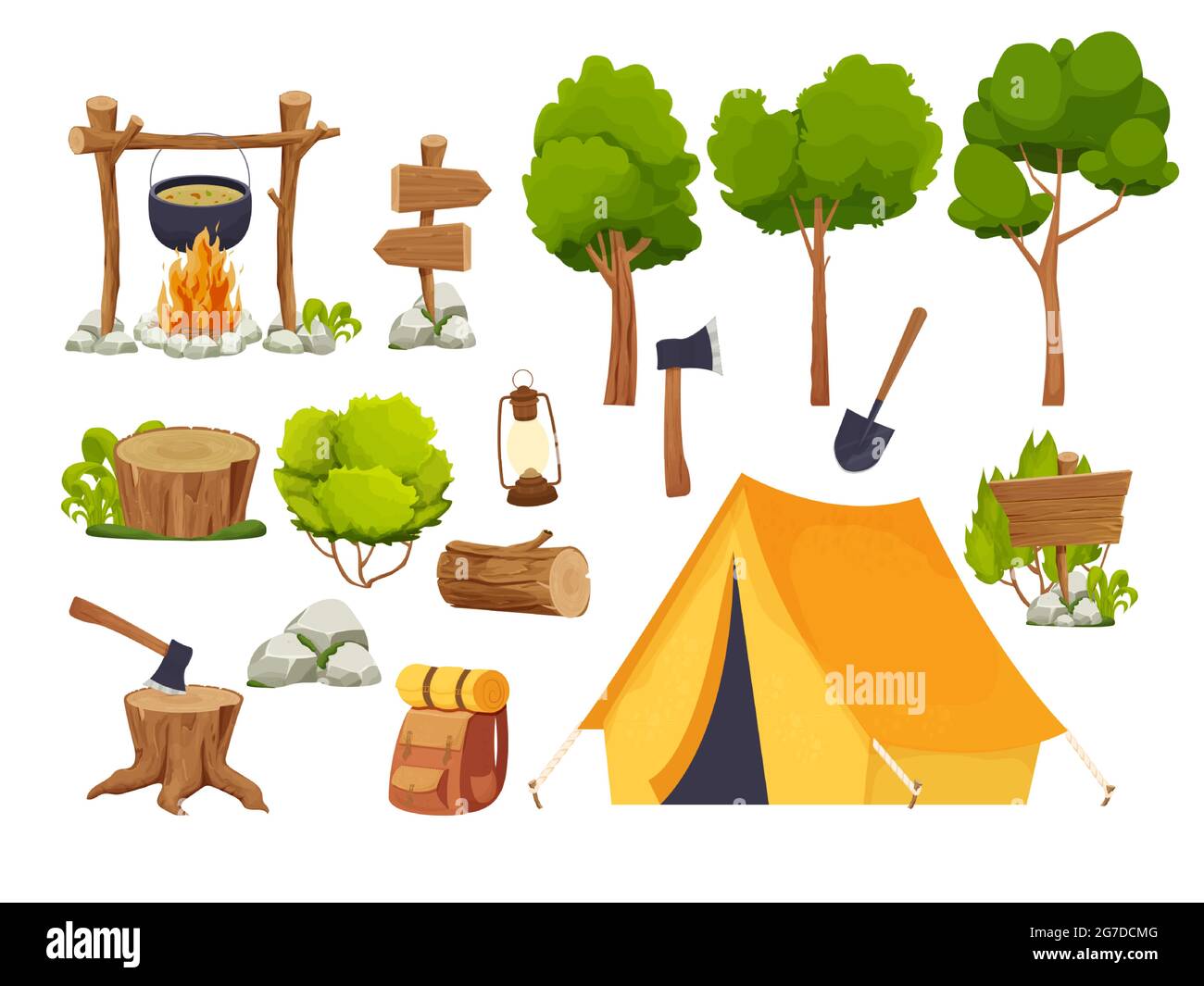Set equipo de camping fogata, tienda, linterna, pala y hacha, mochila de  viaje madera log y tocón, árboles forestales en estilo de dibujos animados  aislados sobre fondo blanco. Actividad forestal, vacaciones. Ilustración