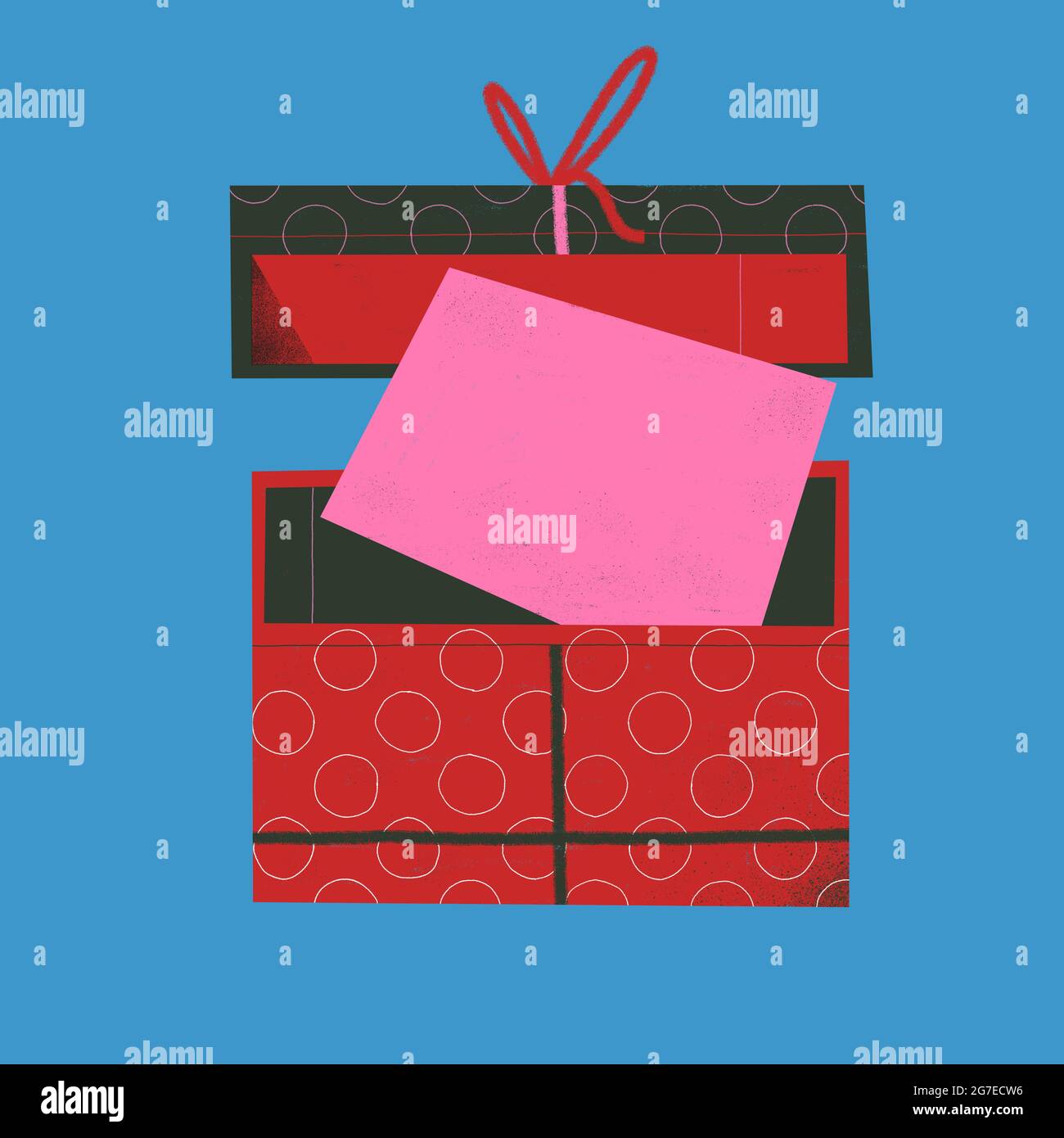 Caja de regalo abierta con un pedazo de papel dentro. Banner e ilustración de publicidad Un recurso de diseño gráfico. Foto de stock