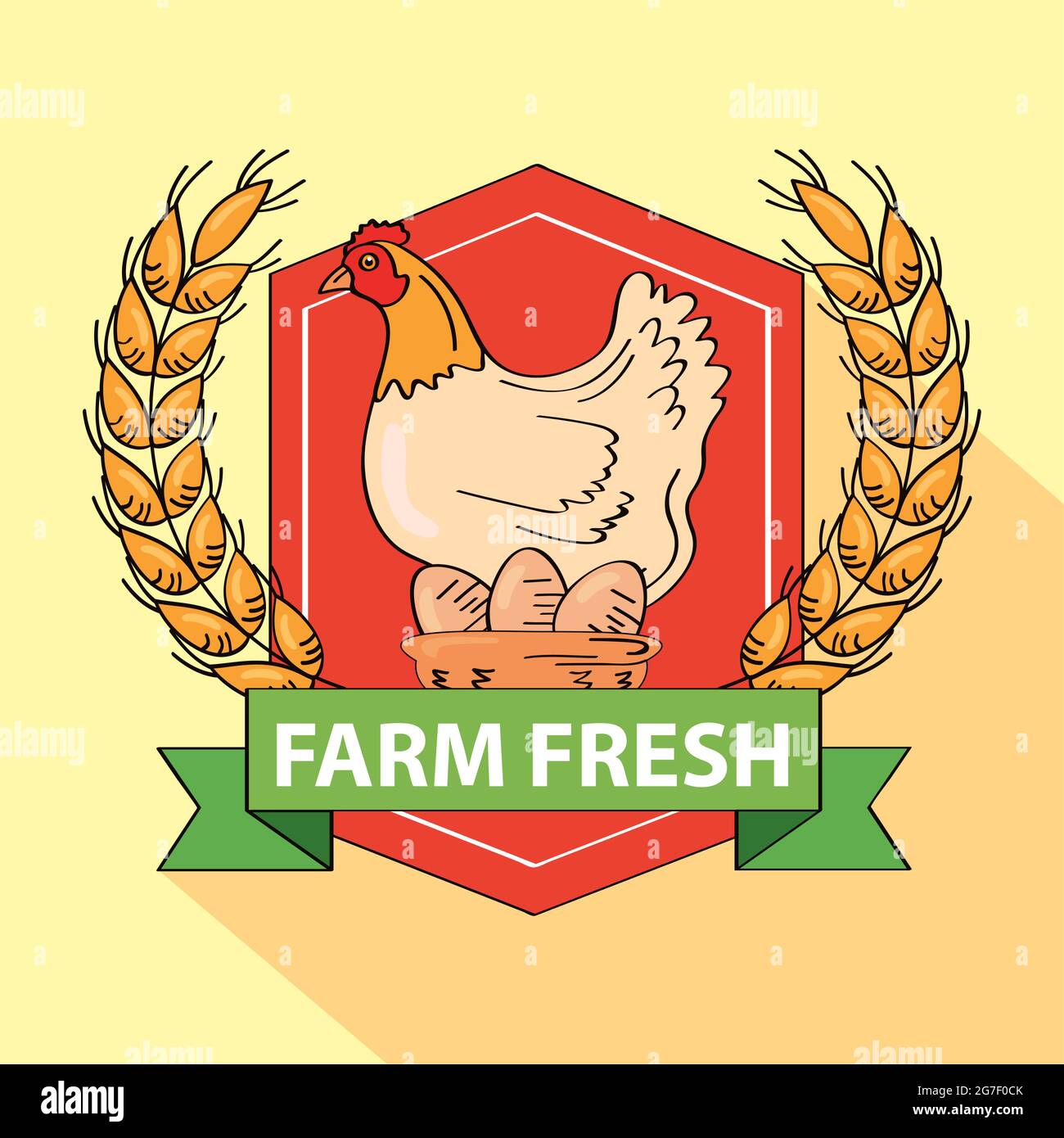 escudo de productos agrícolas frescos con gallina Ilustración del Vector